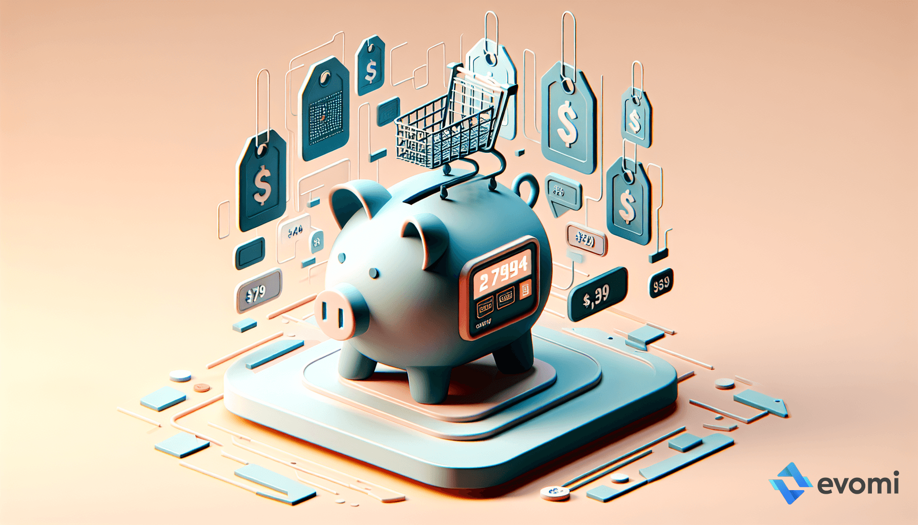  digital illustration of a piggy bank surrounded by floating price tags and shopping cart icons, symbolizing online shopping and savings.