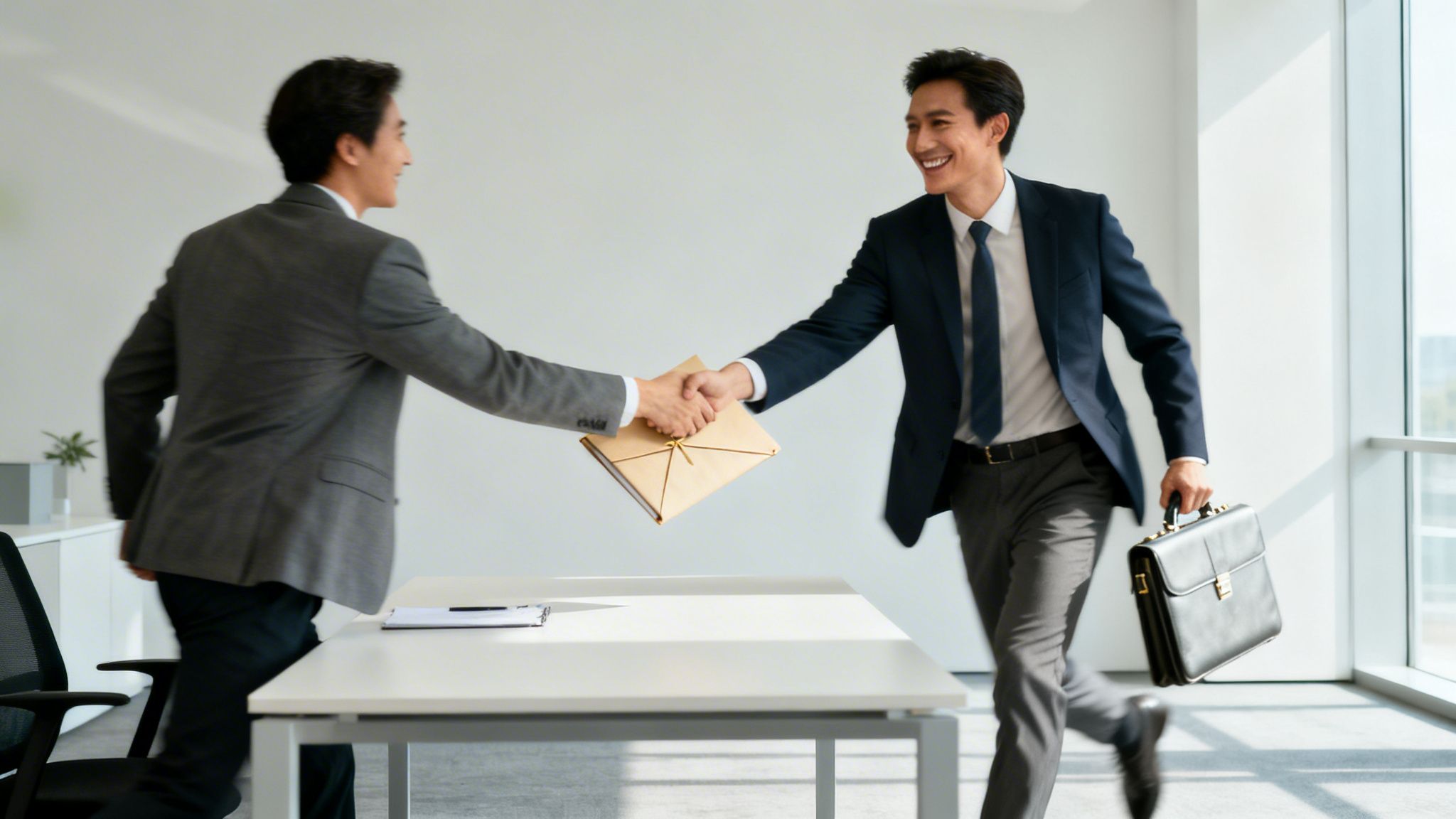 Två glada affärsmän skakar hand i ett ljust kontor med ett kuvert och en portfölj.