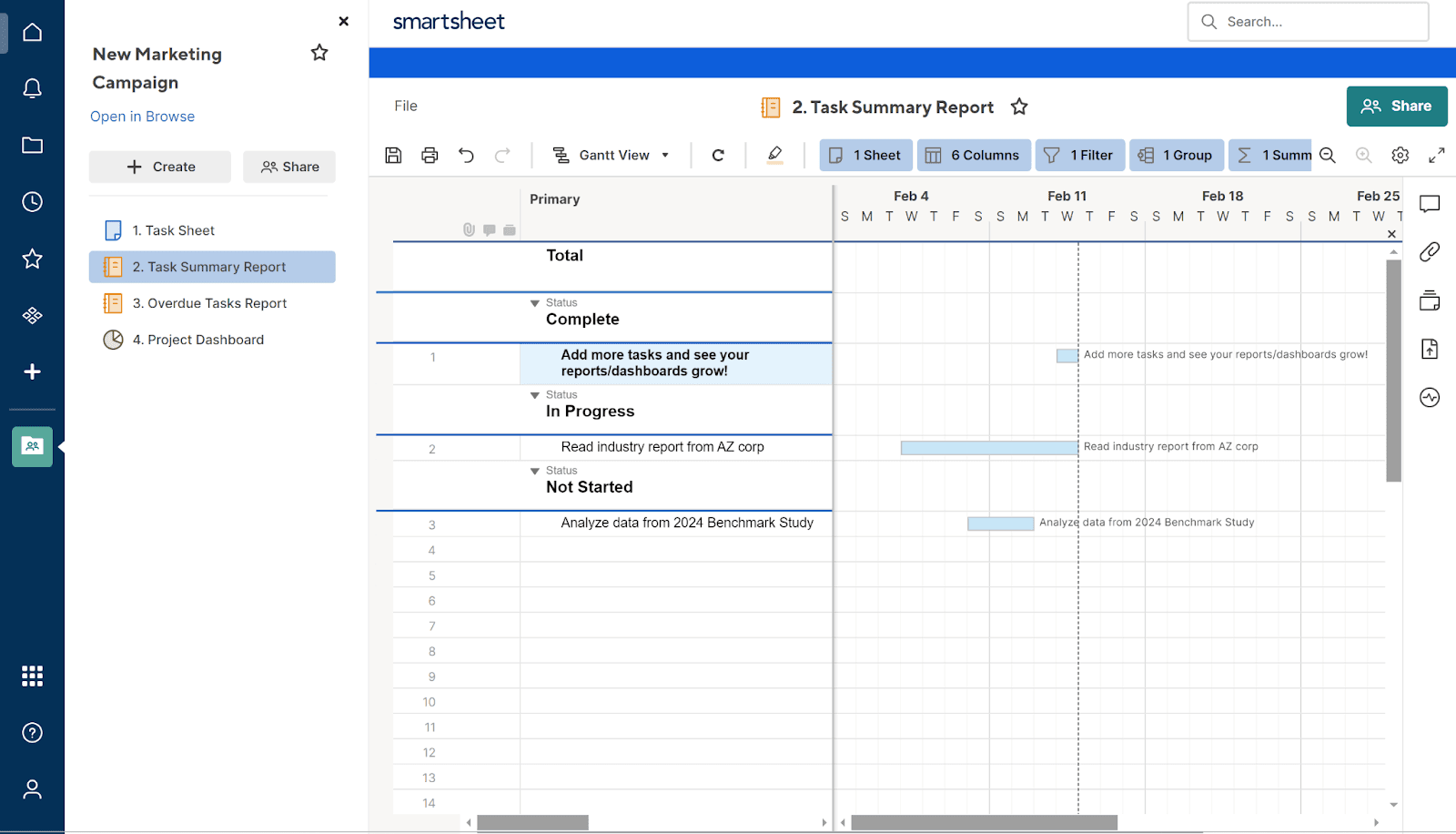 Screenshot of Gantt chart view in the Smartsheet interface