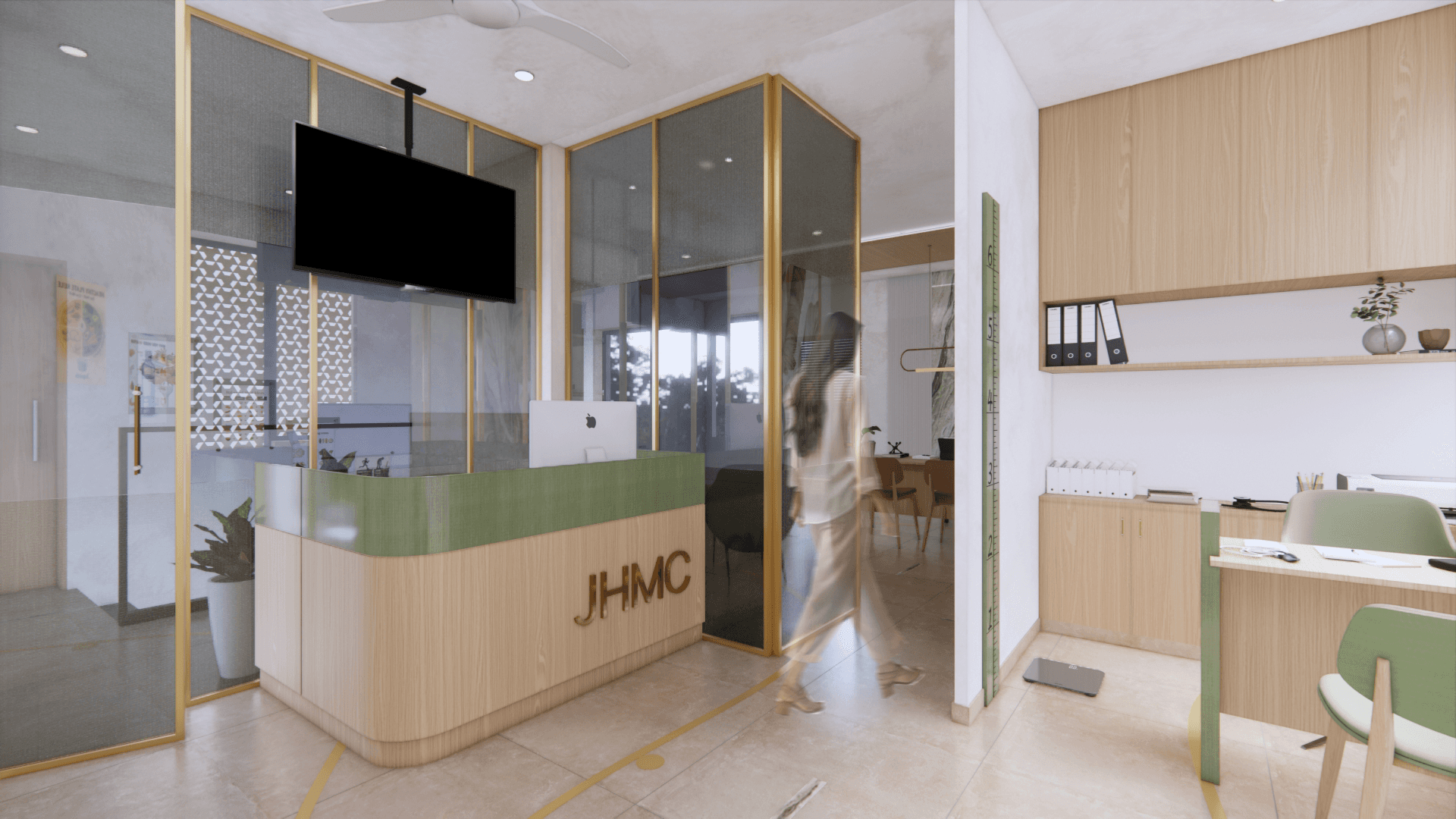 Futura + JHMC, P. Velur – office reception with glass-partitioned workspace and warm material palette, designed by Rooted Narratives, Bengaluru.