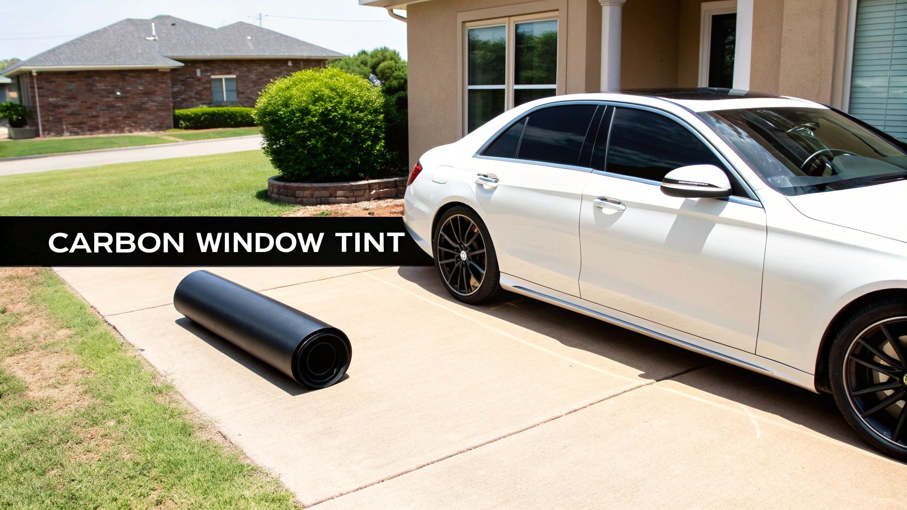 A white car with dark tinted windows and a roll of carbon window tint film on the driveway.