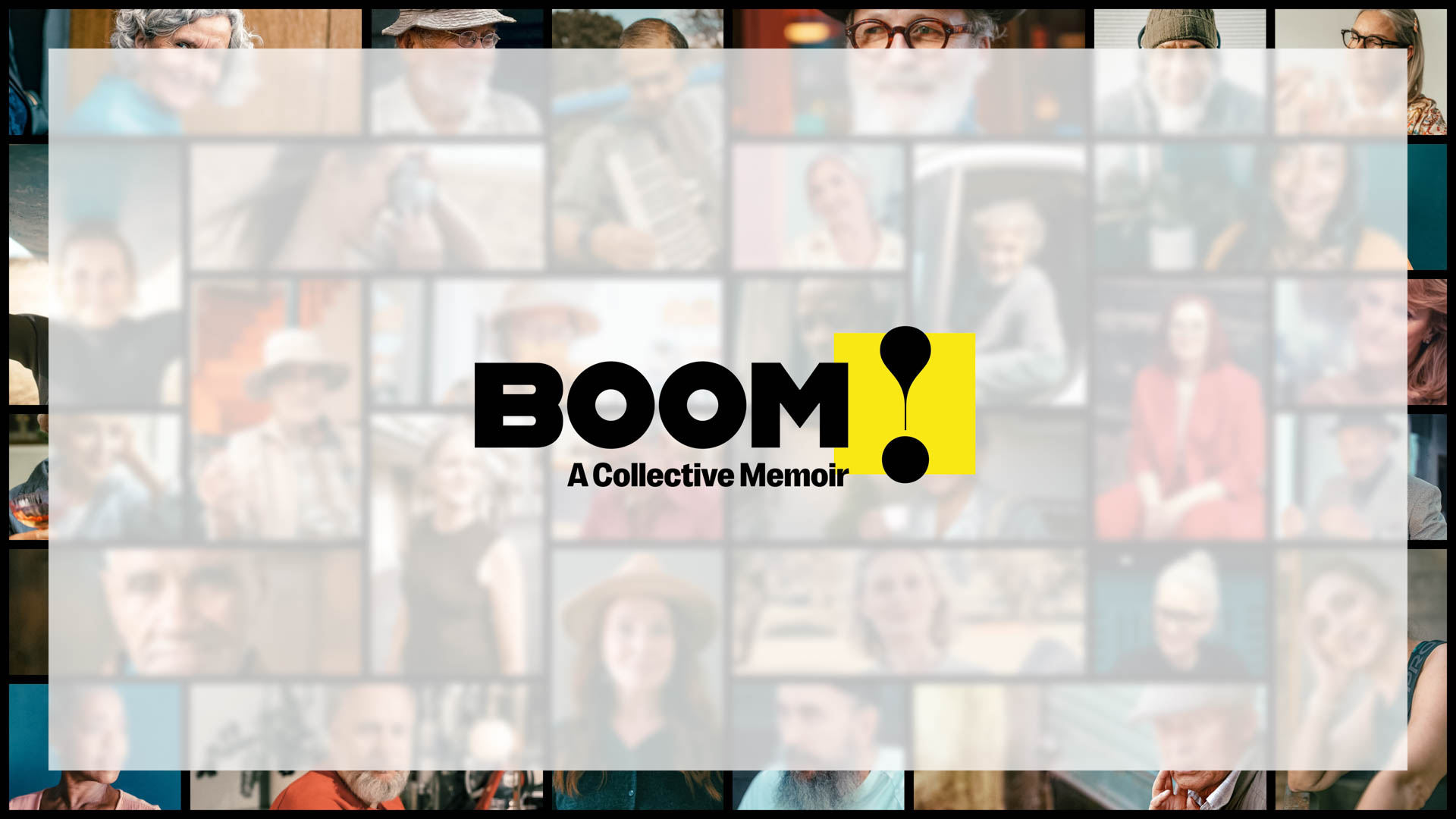 The image displays the logo for "BOOM: A Collective Memoir" against a background of numerous overlapping photographs of people. The logo features the word "BOOM" in bold black letters with a yellow speech bubble-like shape above it, and the tagline "A Collective Memoir" underneath. The background is composed of a grid of blurred and partially obscured photographs, creating a collage effect.