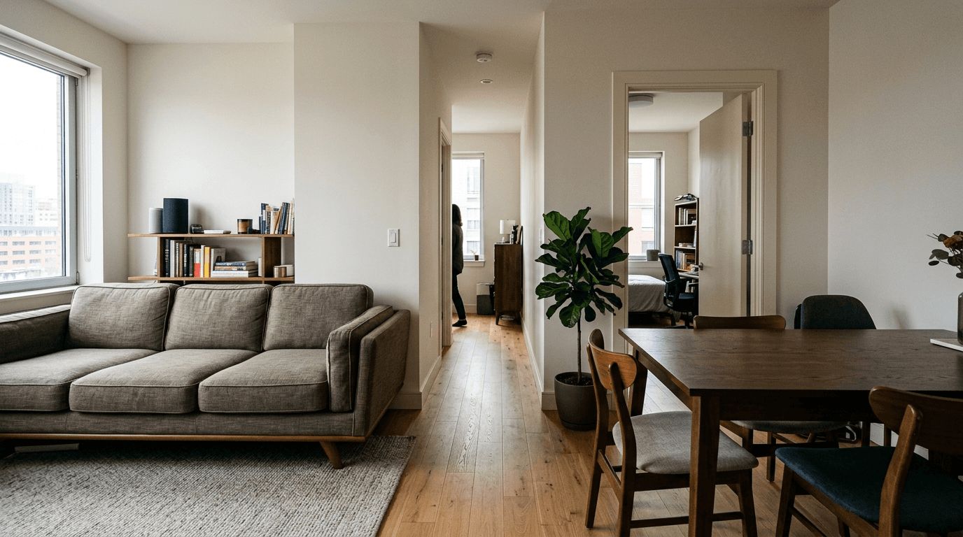 Un salon moderne avec un canapé, une table à manger et une lumière naturelle abondante provenant de grandes fenêtres.