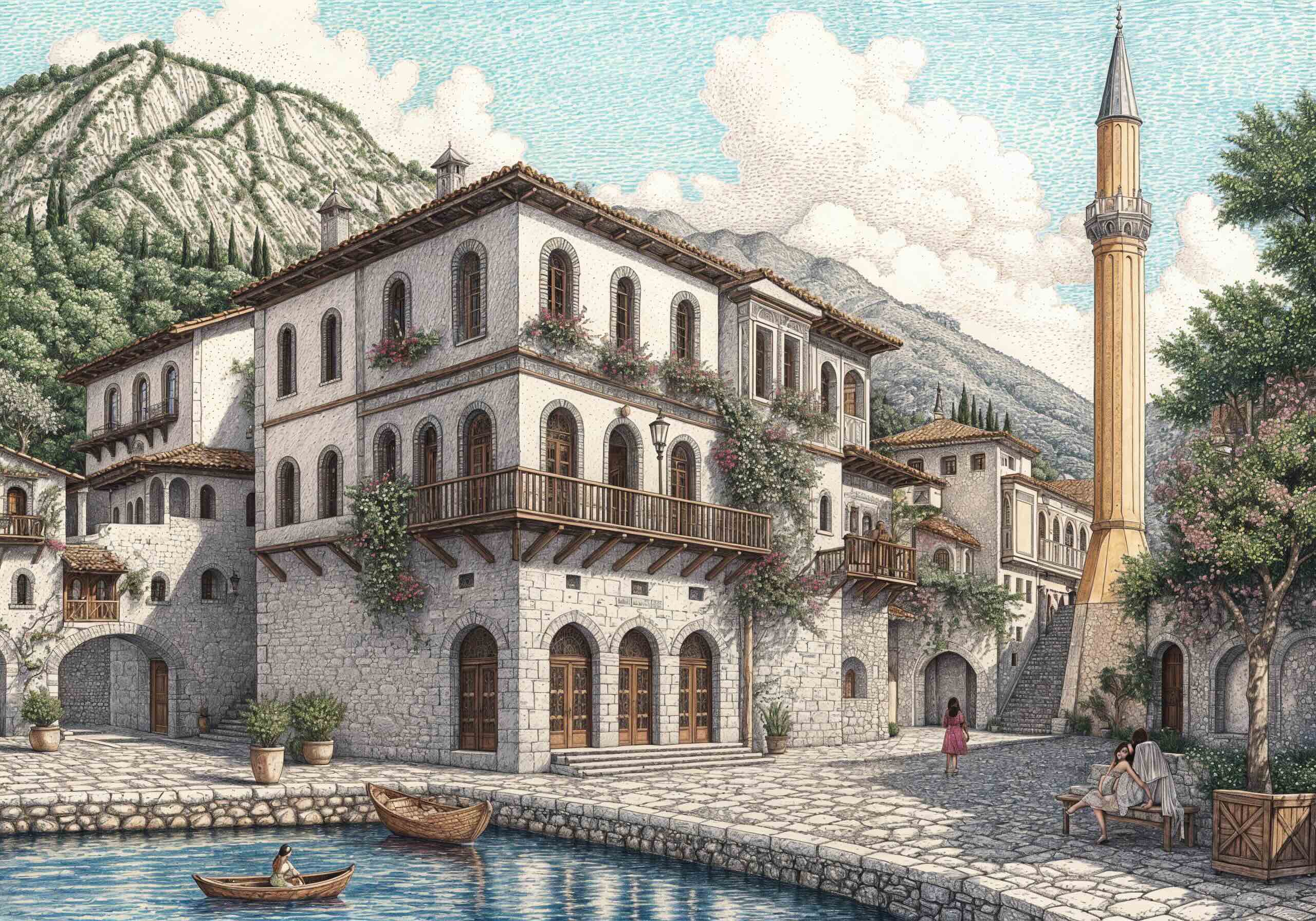 Illustrated waterfront scene in Albania featuring stone-built Ottoman-style houses with flower-adorned balconies, a minaret in the background, and small wooden boats drifting in calm waters against a mountainous backdrop.
