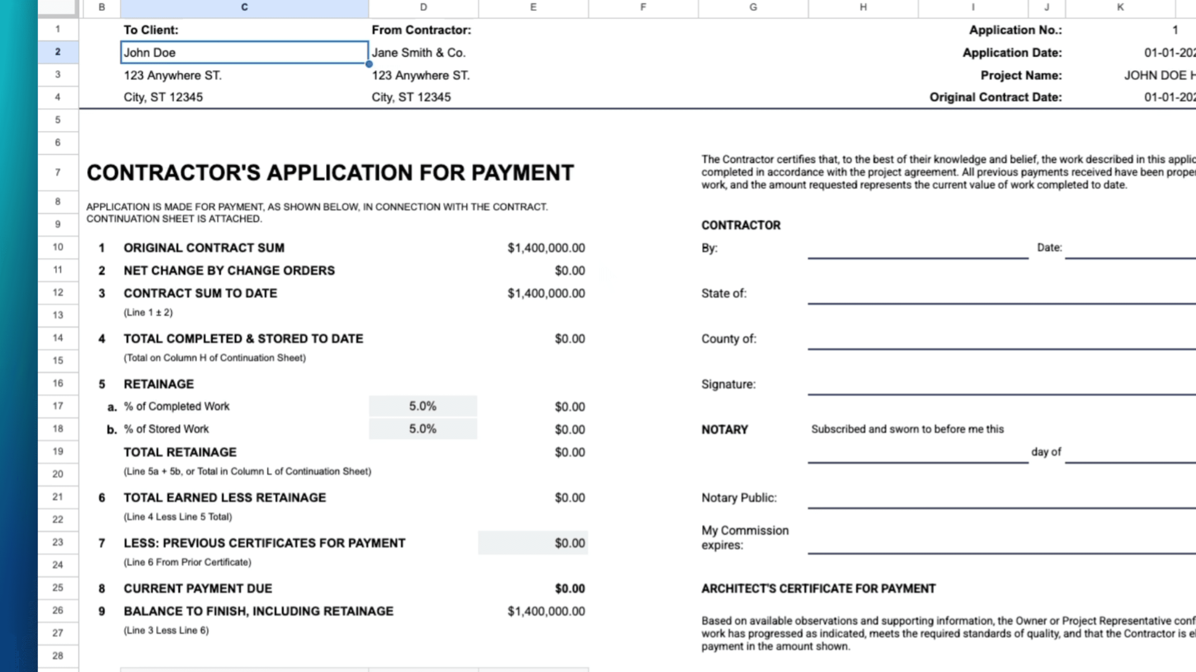 Contractor's Application for Payment header in Google Sheets – to/from client fields, project name, application number, date, original contract sum, net change orders, and certification text