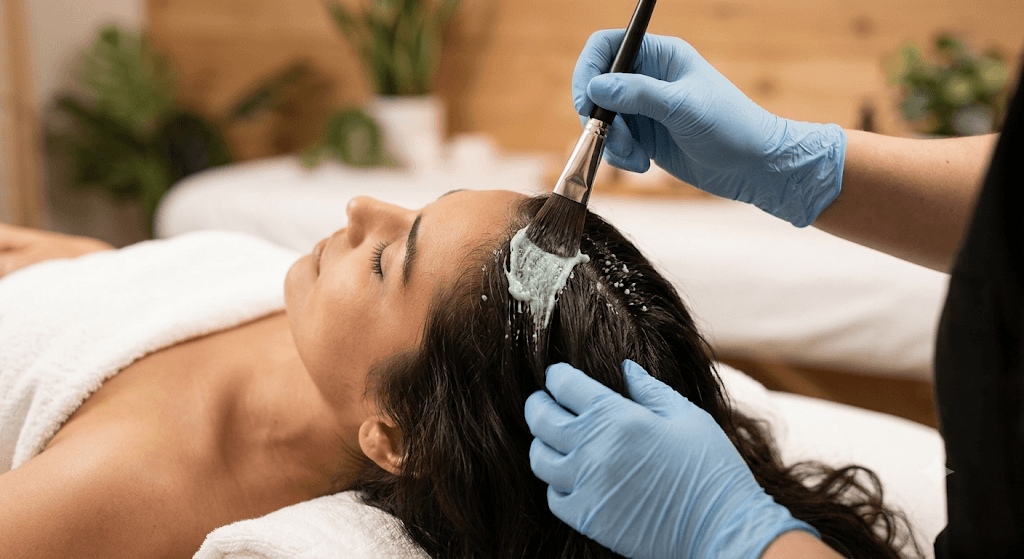 Close-up of a relaxing scalp treatment being applied, featuring a specialized serum or medicated foam.