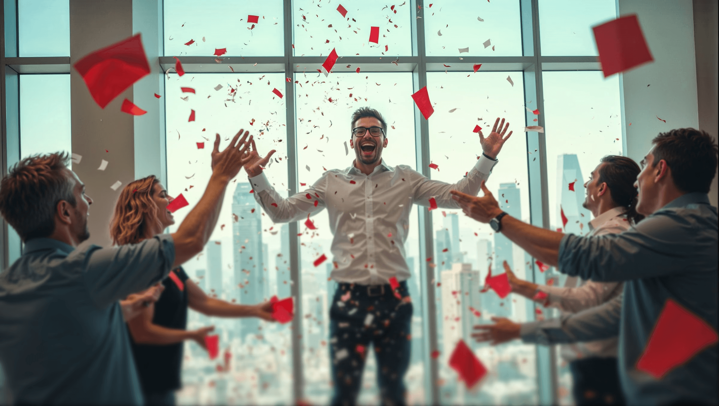 People celebrating, red stickers floating in the air