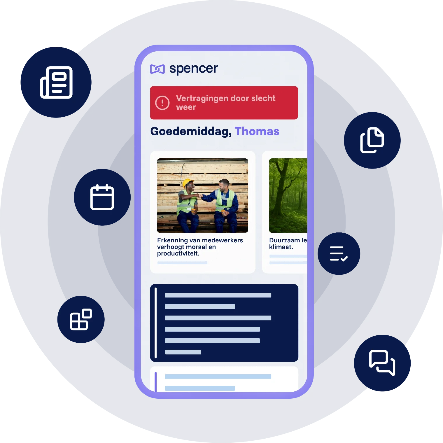 Spencer interne chat UI met berichten en overzichtelijke chatinterface op mobiel