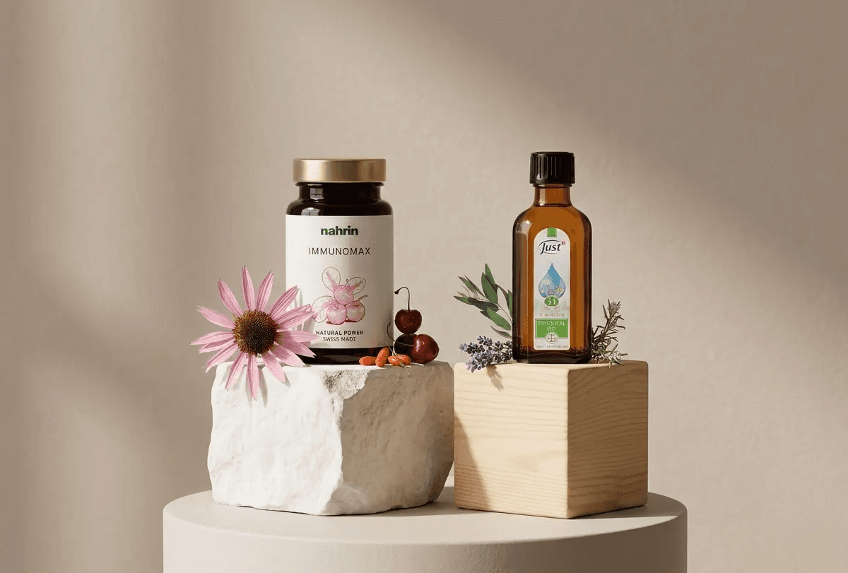 Produits naturels suisses Just et Nahrin présentés dans une composition minimaliste à Gleizé près de Villefranche-sur-Saône pour accompagner le bien-être au quotidien.