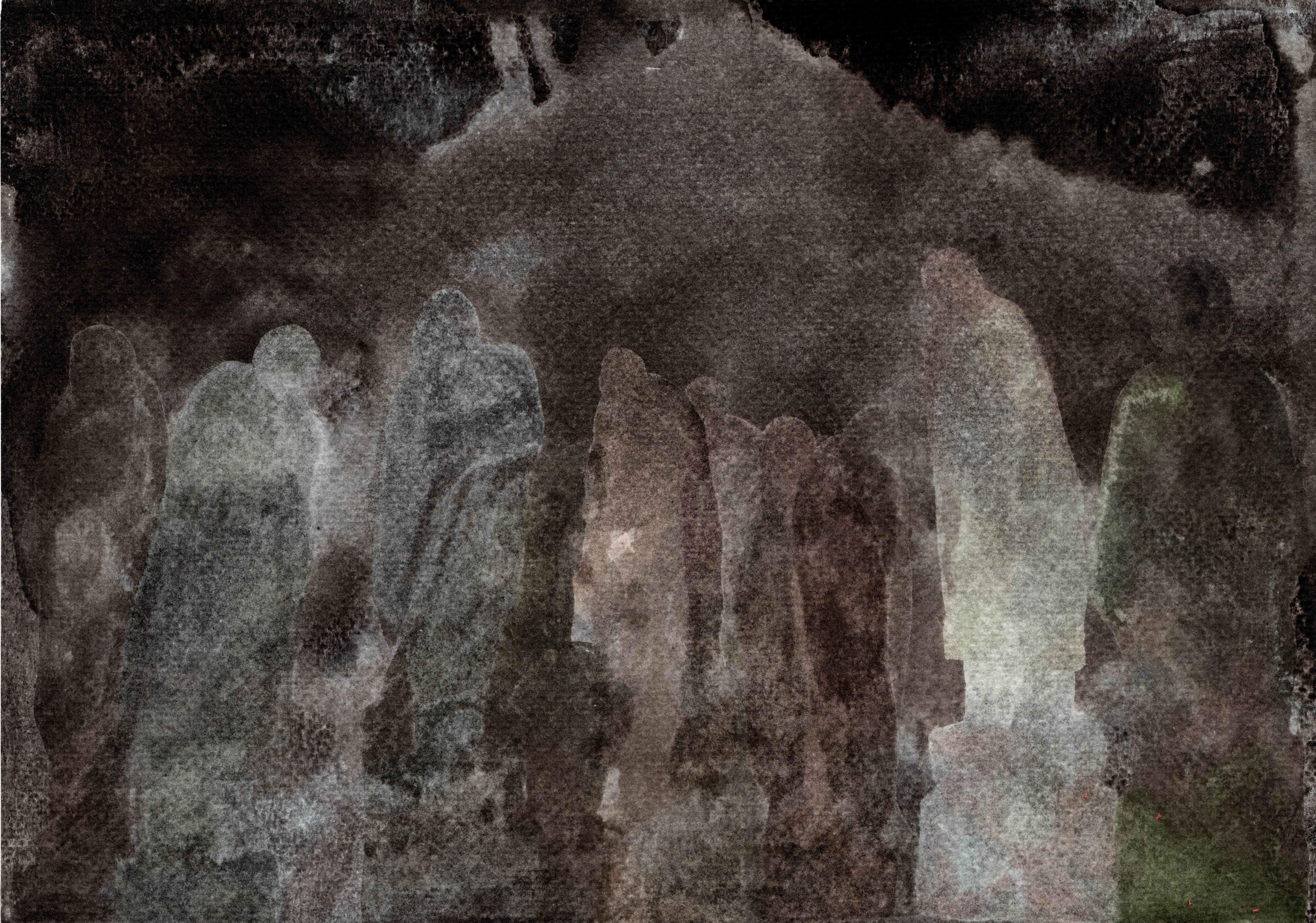 herd of sheep on road painting