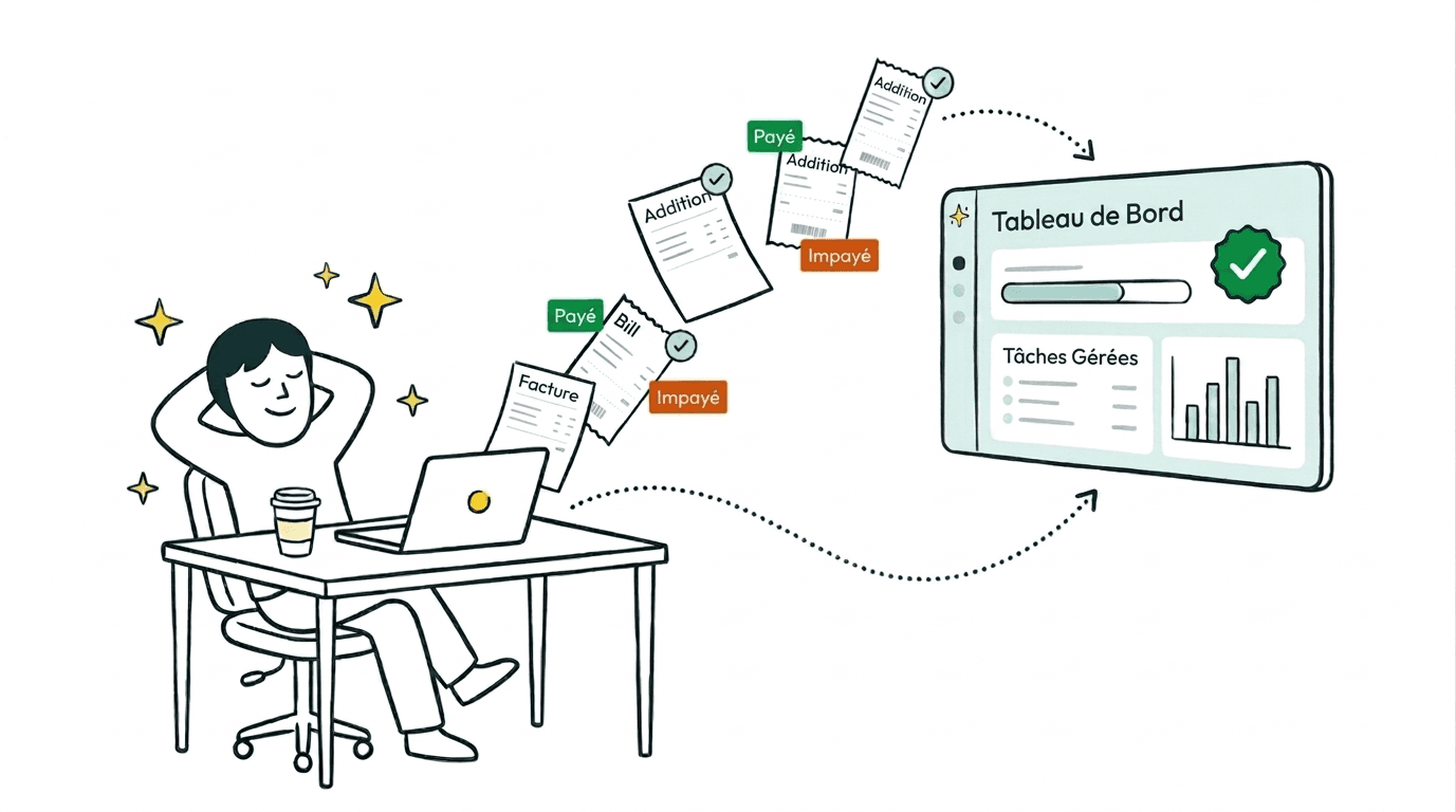 Dirigeant de PME détendu à son bureau pendant que factures et documents financiers sont automatiquement traités vers un tableau de bord des opérations financières