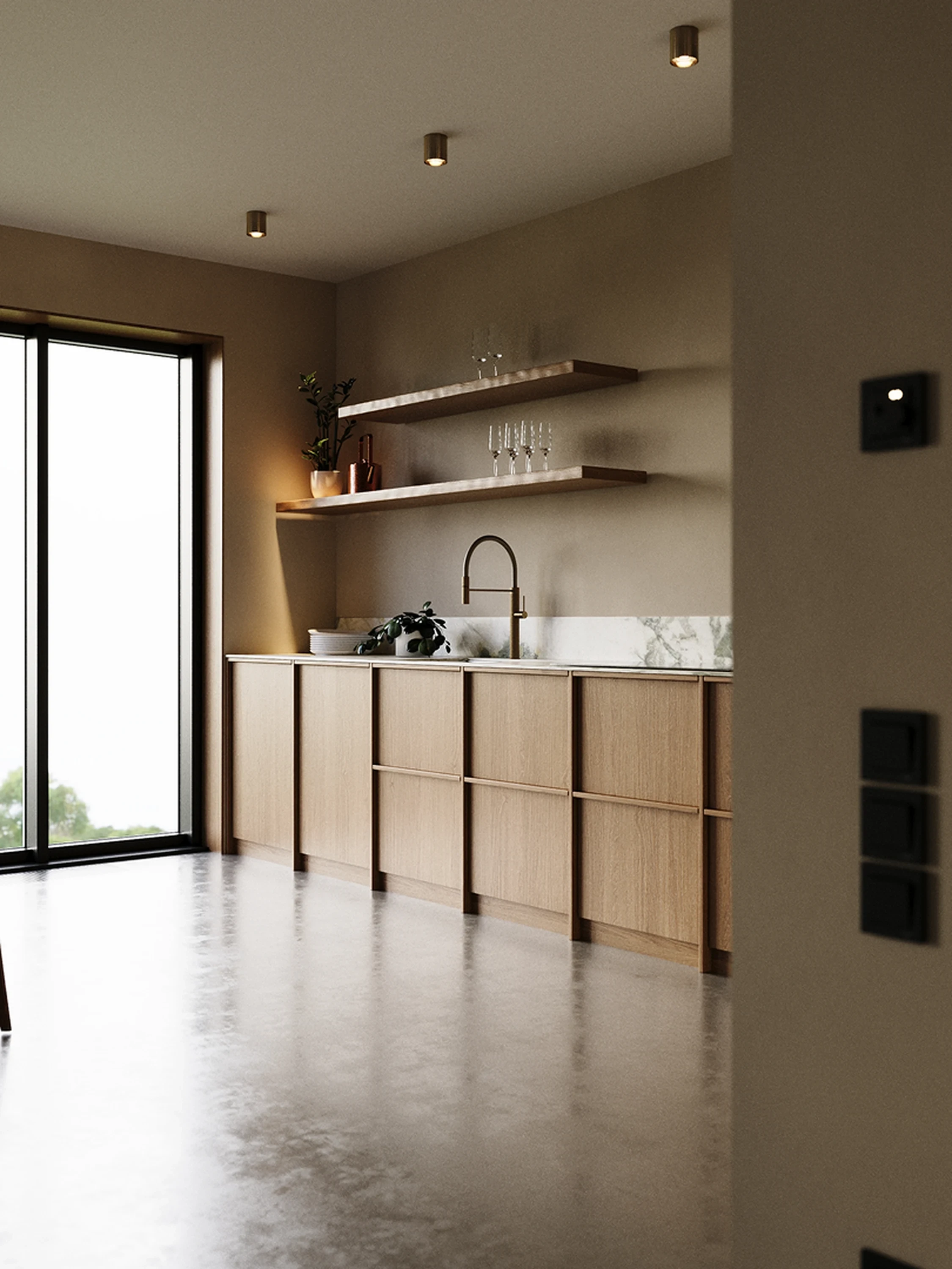 Détail — joint creux entre lambris et minéral.