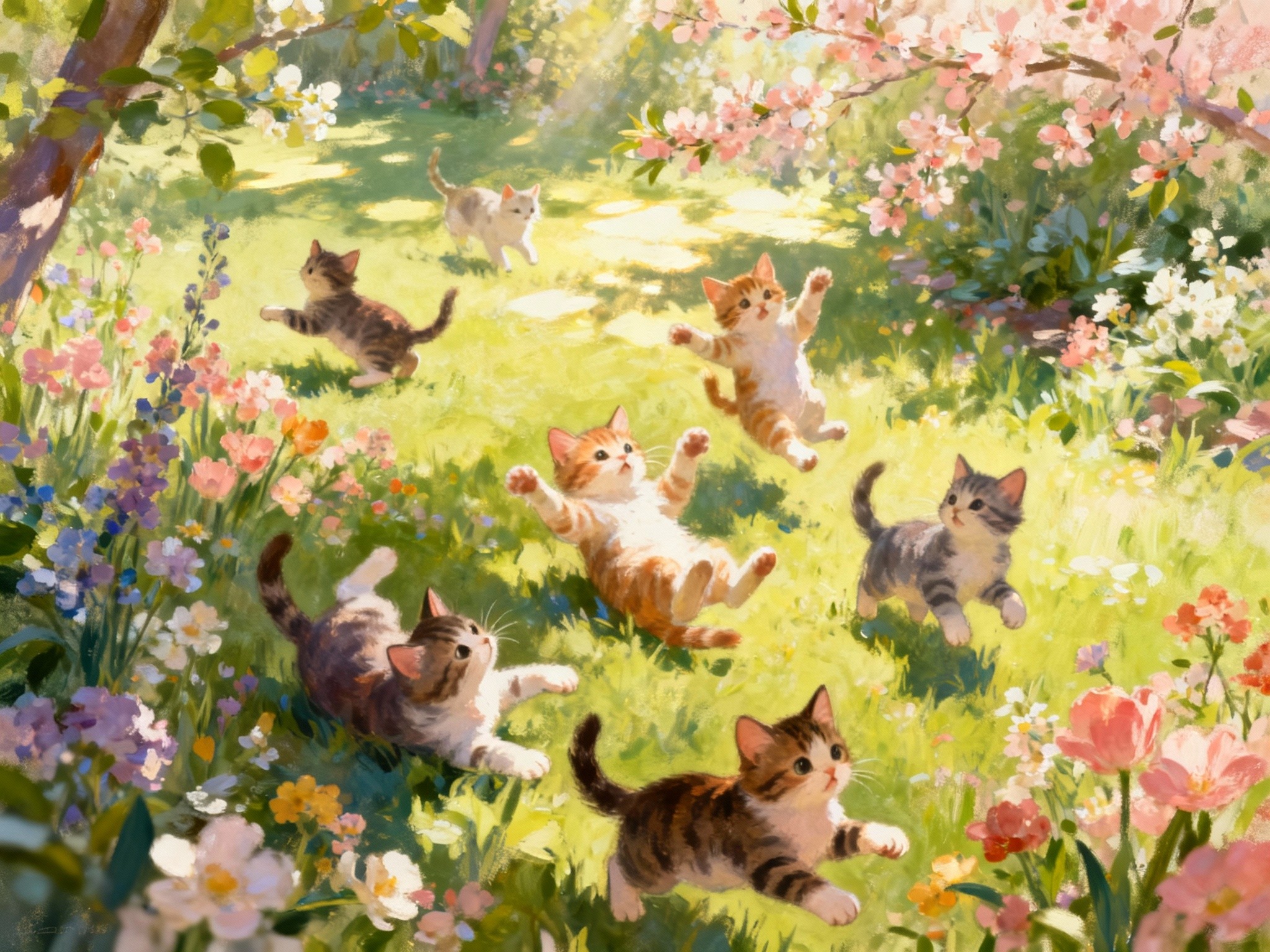 A fine-art illustration rendered in a format featuring a whimsical scene of multiple kittens