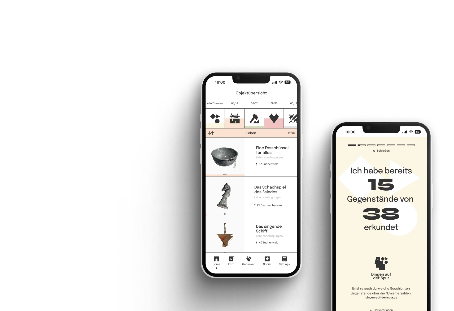 Zwei Smartphones zeigen die Objektübersicht und Gamification-Elemente der interaktiven Web-App für KZ-Gedenkstätten Buchenwald und Sachsenhausen, entwickelt von fjnland.