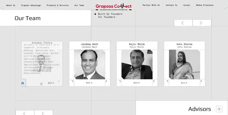Our Team in motion — cards flip on BIO+ to reveal a biography and a LinkedIn link