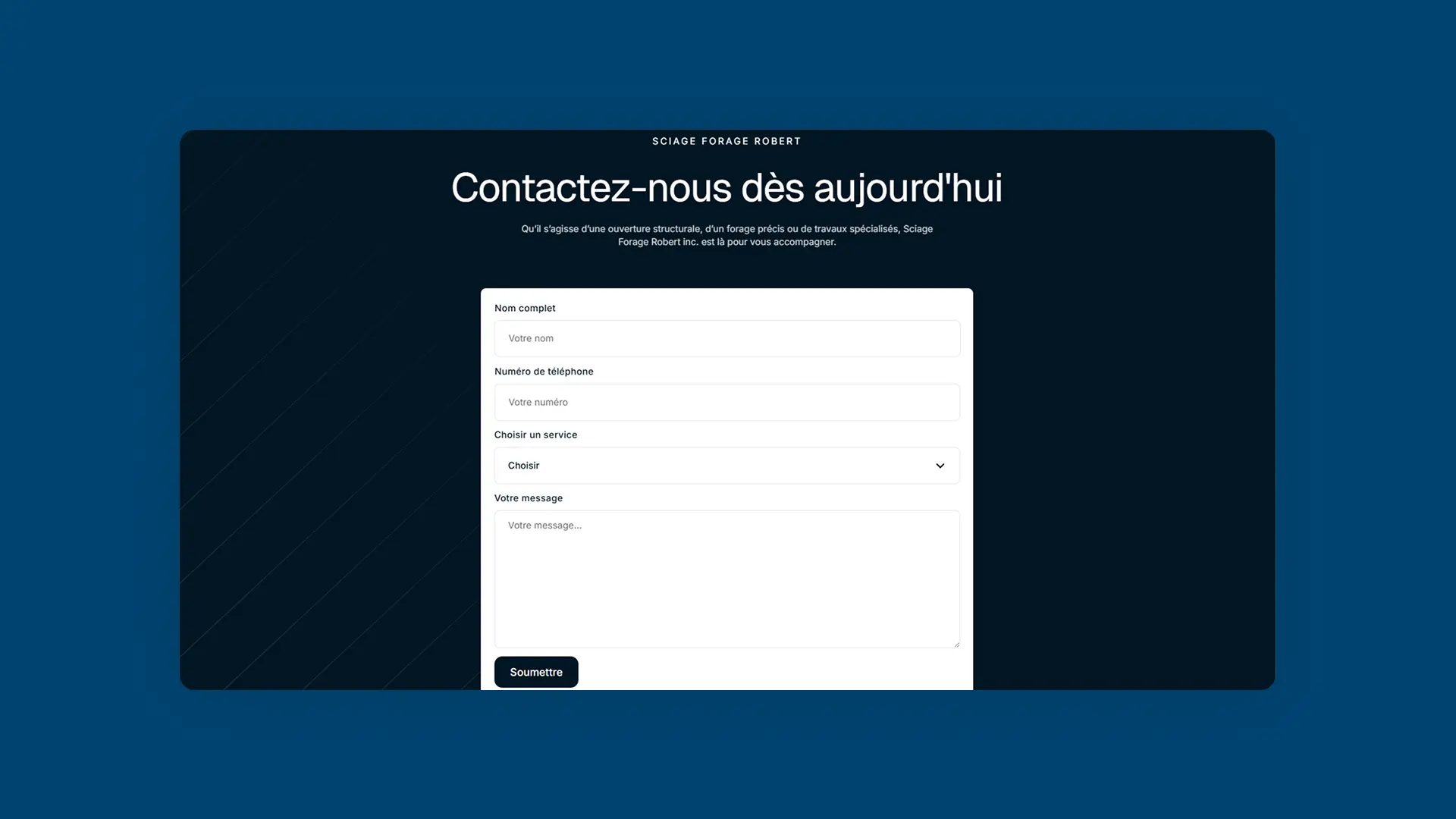 Page de contact du site Sciage & Forage Robert — formulaire de demande de service pour sciage, forage et travaux de béton spécialisés