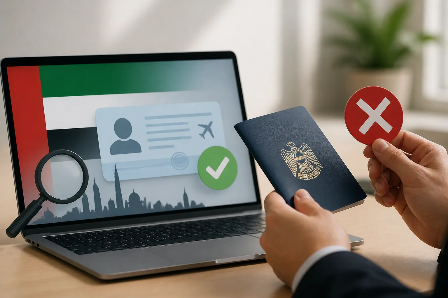 UAE Visa Status Check and Cancellation Process beside a passport, residence permit card and application