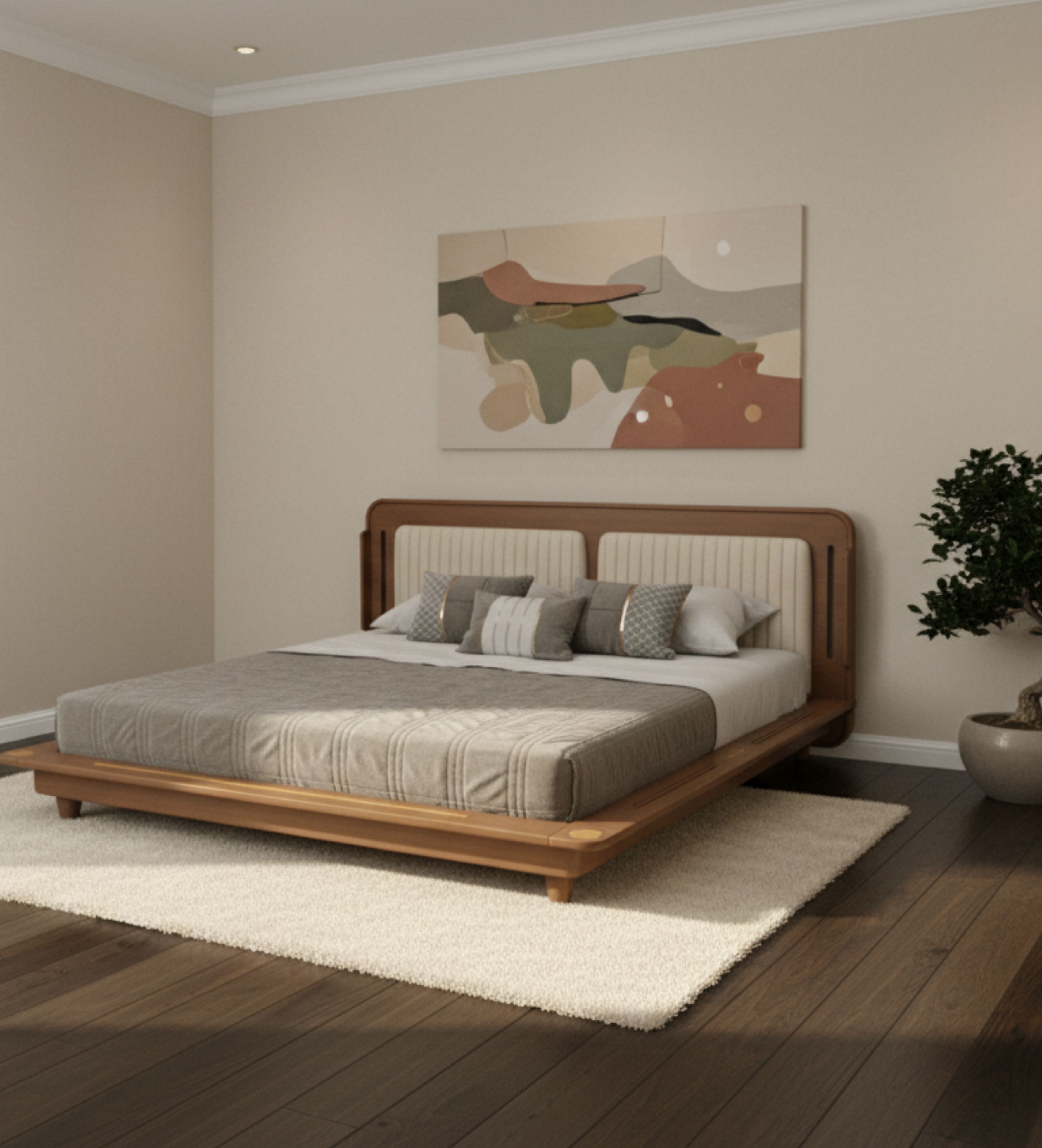 Wooden platform bed with flat headboard, open base design, and simple geometry