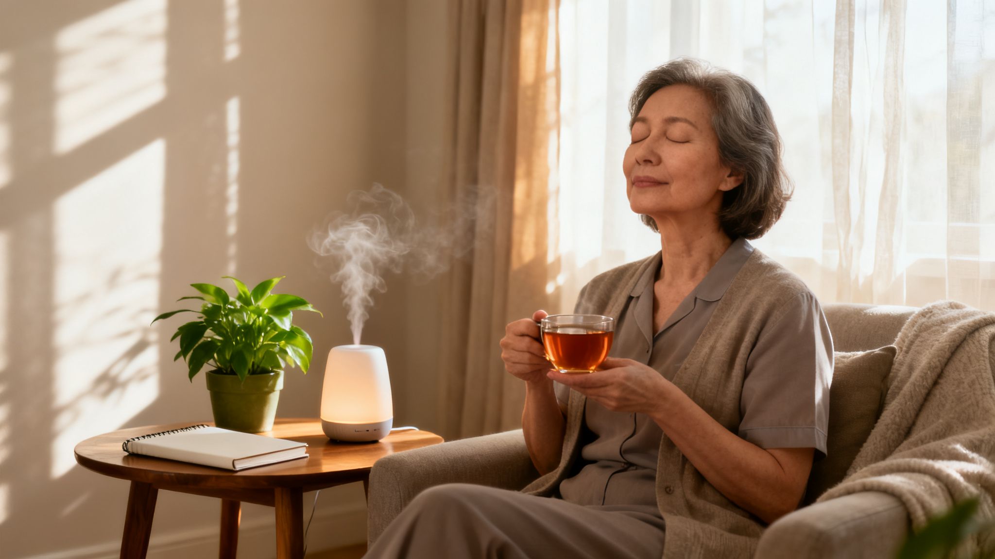Woman holding tea and relaxing
