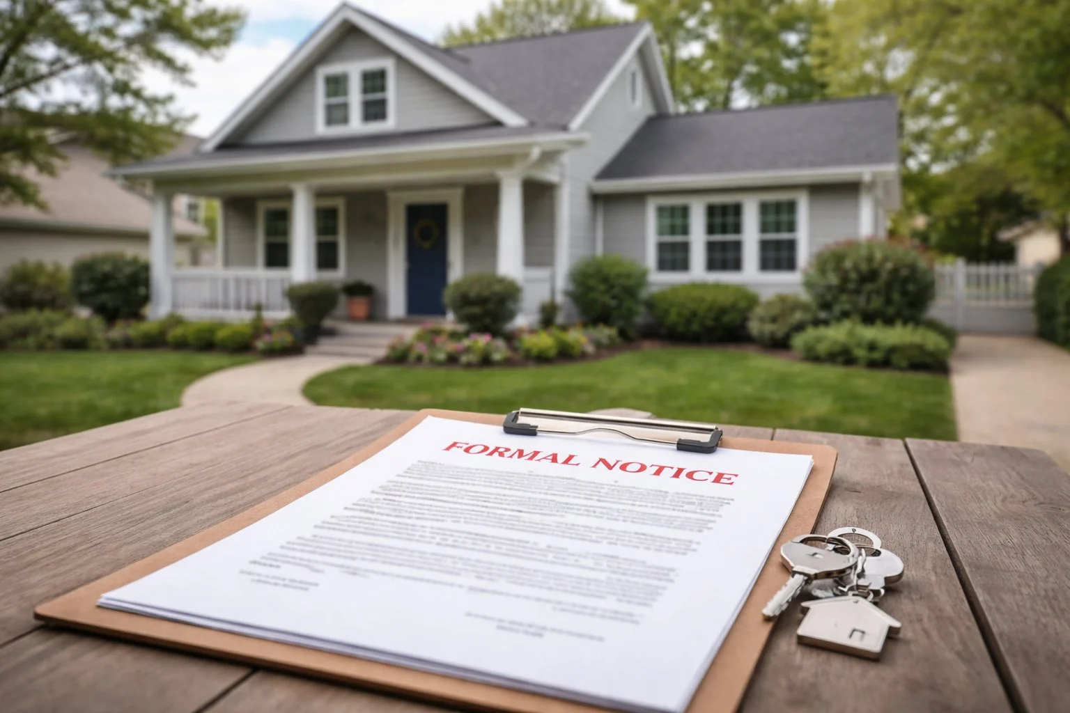 Residential home with a formal notice document placed on a table in front, symbolizing estate control in a calm suburban setting.