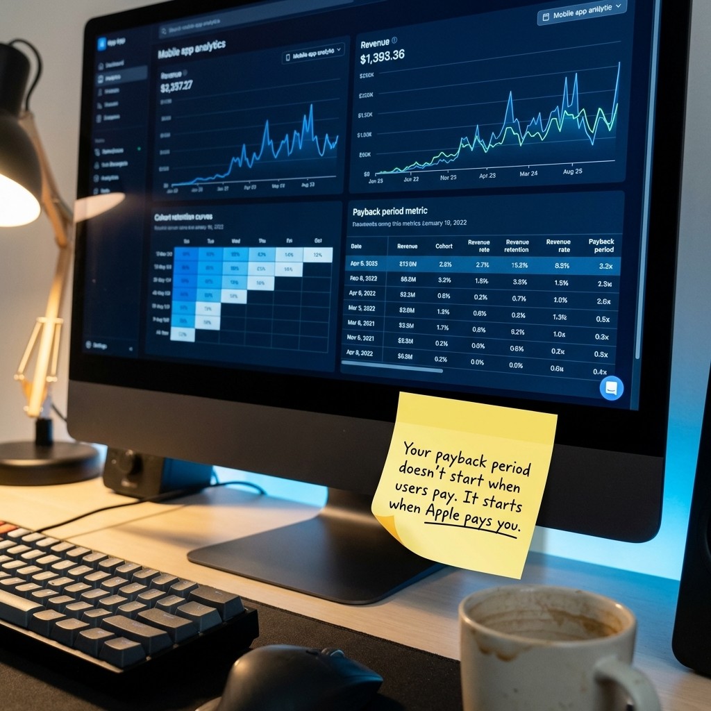 Mobile app analytics dashboard showing revenue, cohort retention and payback period metrics with a sticky note reminder about payout timing