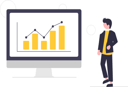 Graphic of a person stood next to a large  monitor that has a graph on it