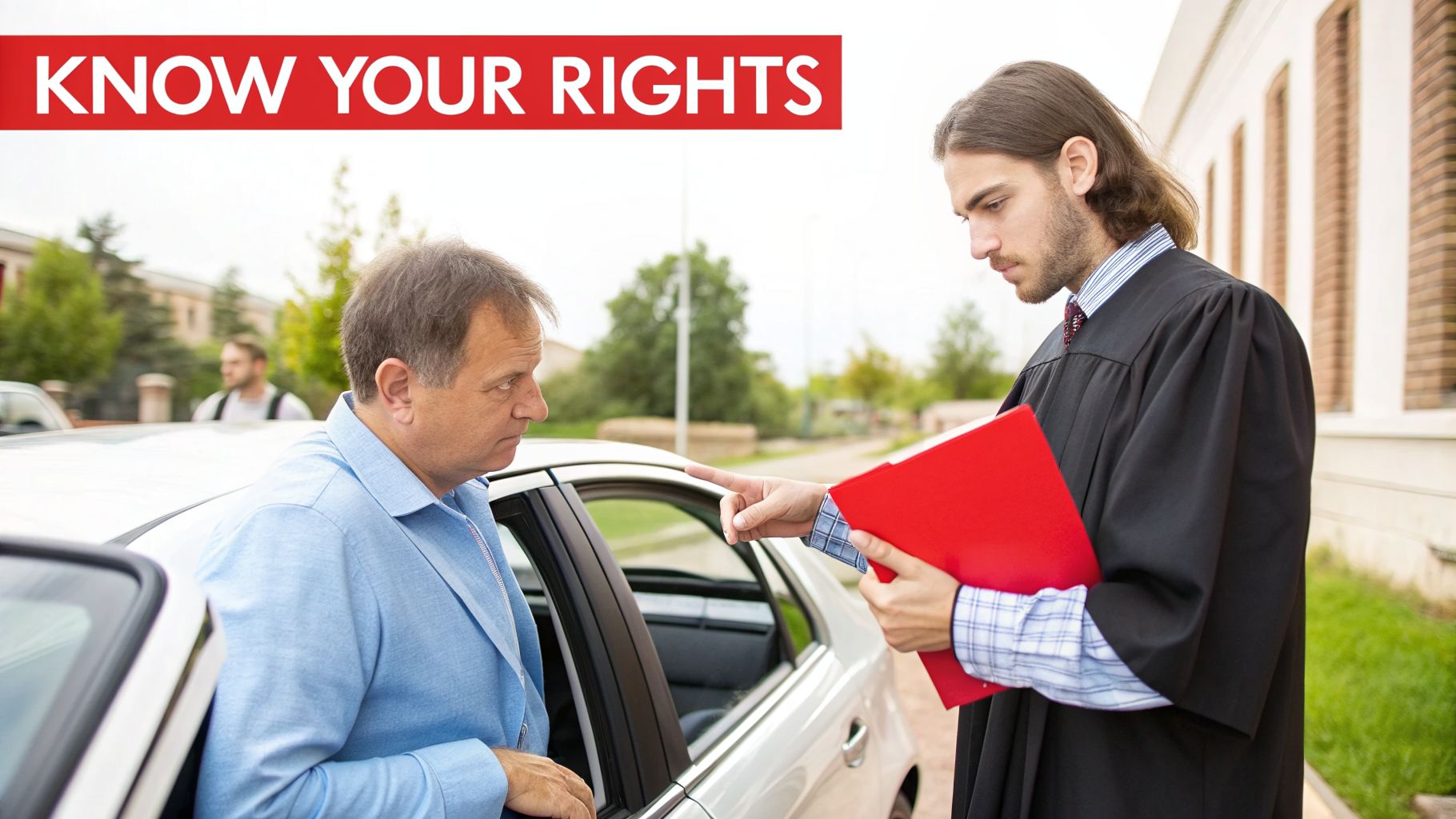 A man in a graduation gown points to a driver leaning into a car, discussing rights.