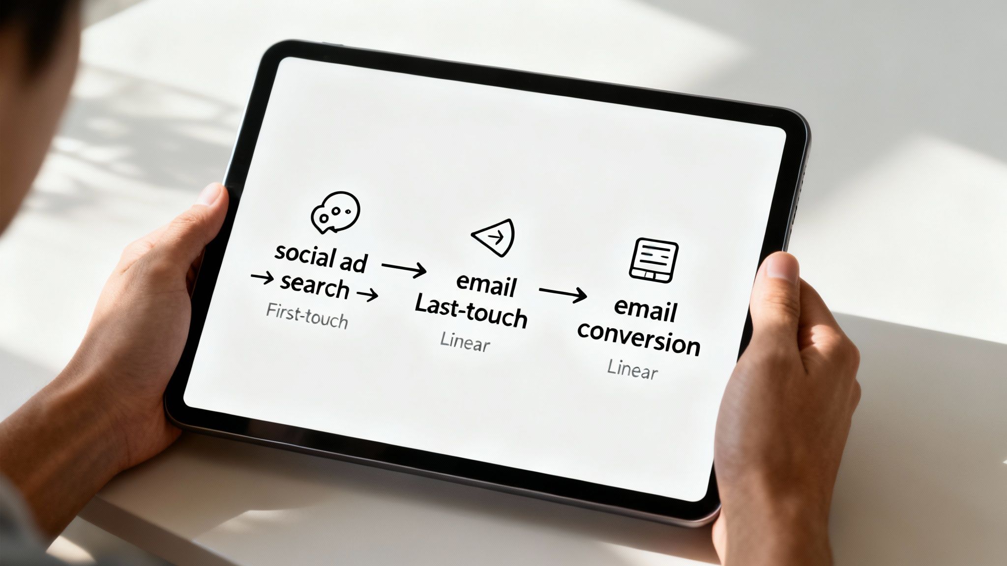 A visual representation of different marketing attribution models connected by lines and icons