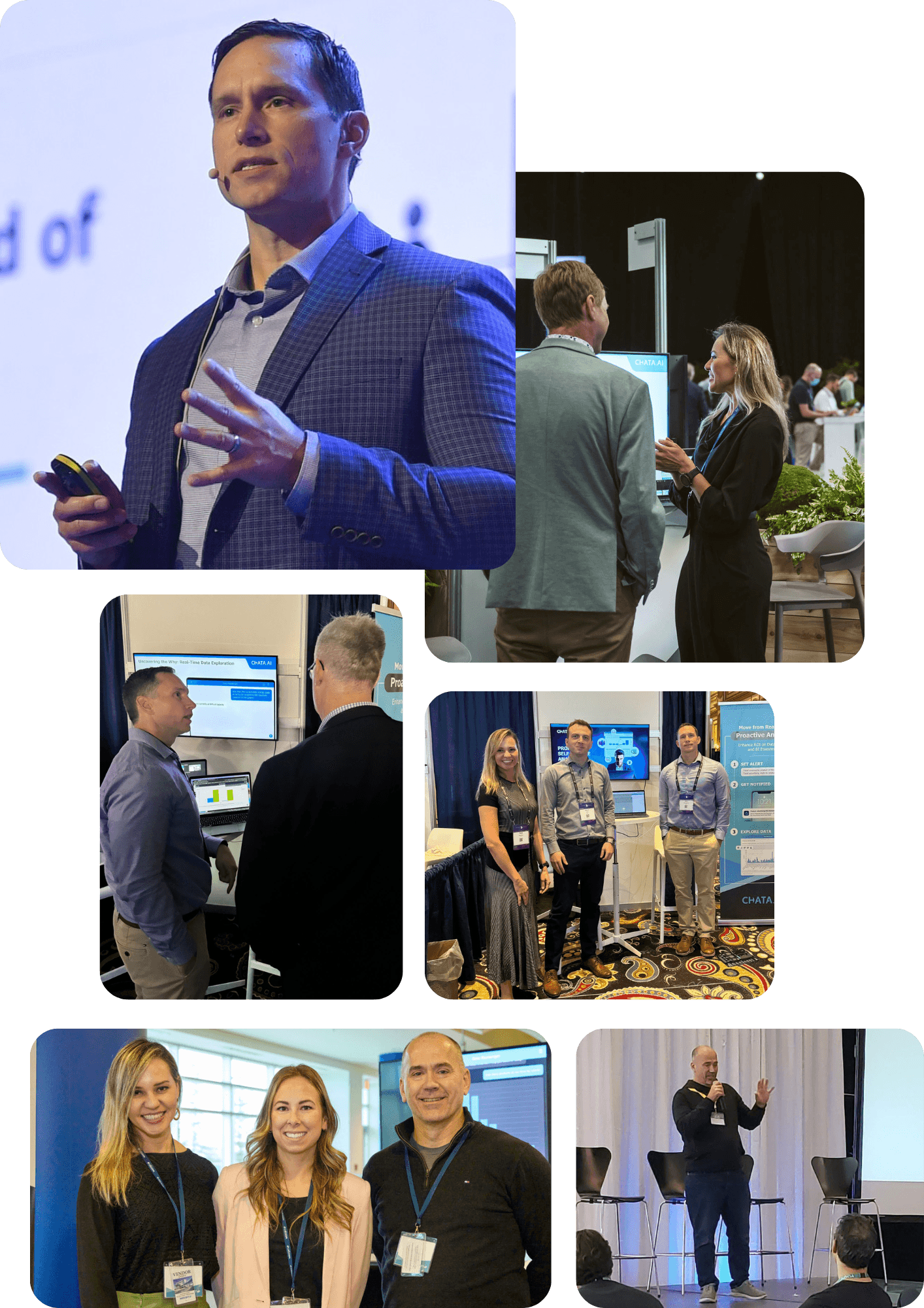 Collage of the Chata.ai team at various events and conferences