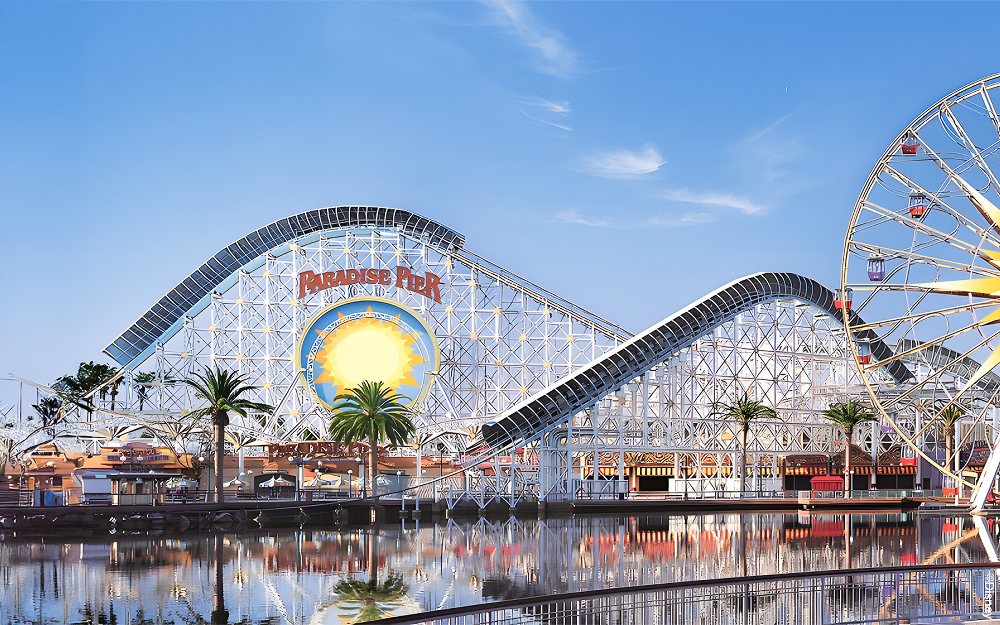Paradise Pier roller coaster and Mickey Ferris Wheel at Disneyland Adventure Park, California.