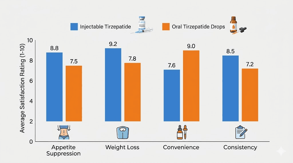 User satisfaction comparison oral tirzepatide drops versus injectable tirzepatide reviews