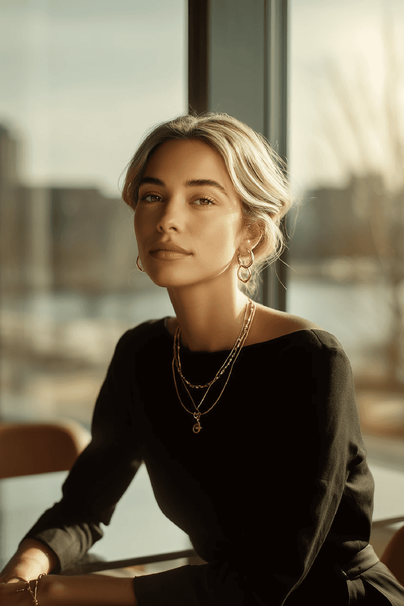 woman in black blazer and brown dress holding booklet while looking into left side and smiling