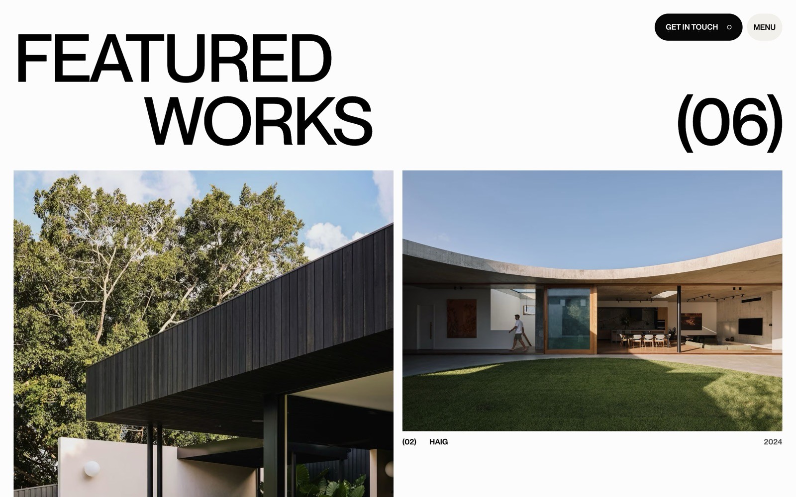 Featured works section with two modern architecture photos; left shows a dark building corner, right features an open courtyard.