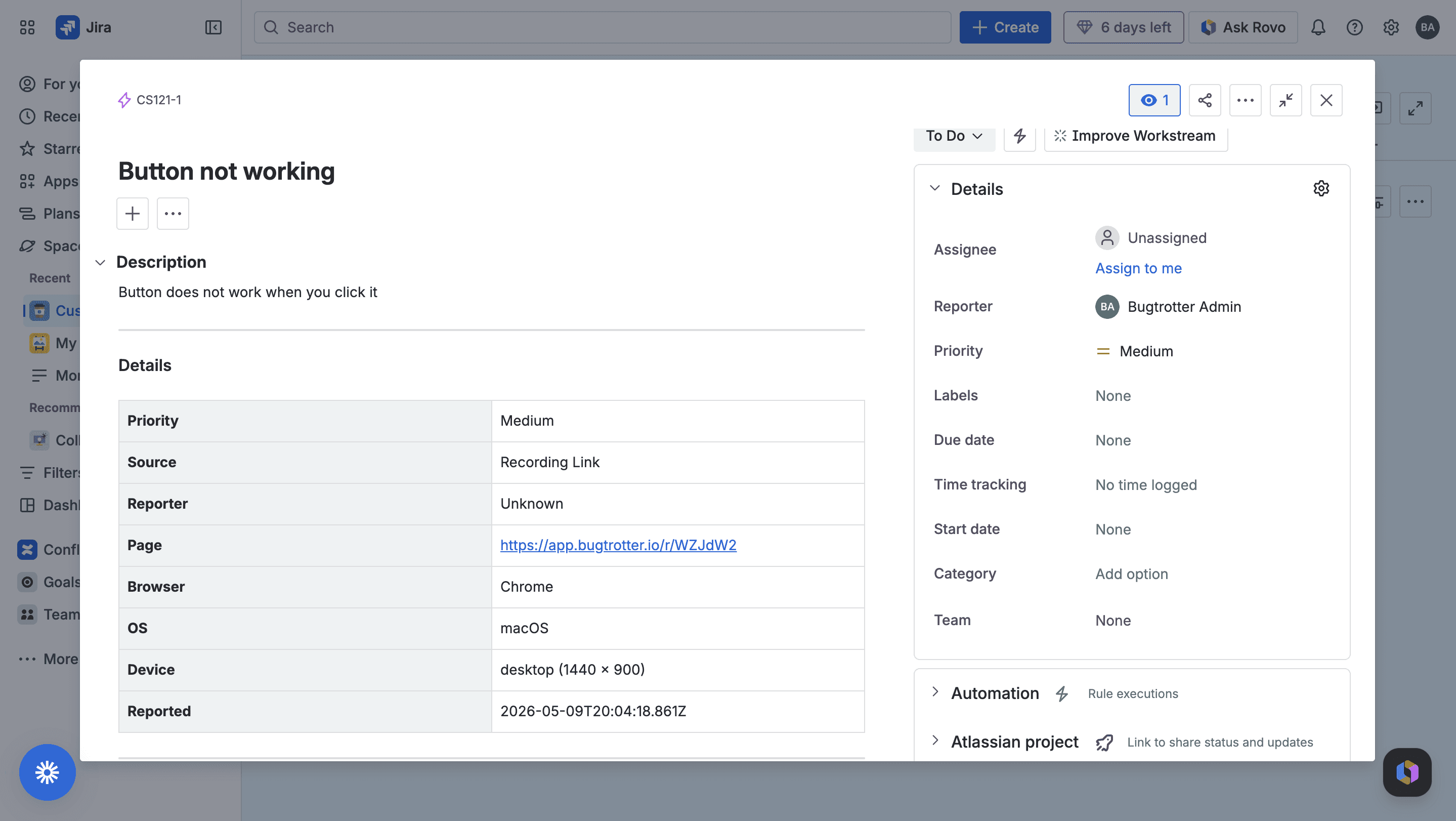 Screenshot of Jira project showing bugtrotter bug report