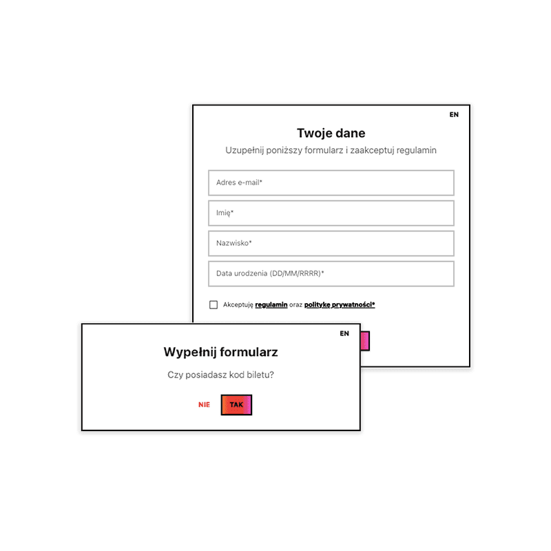 Zrzuty ekranu prezentujące formularz danych osobowych dla uczestników wydarzenia, umożliwiający automatyzację zbierania zgód prawnych online w platformie do sprzedaży biletów Going. Places