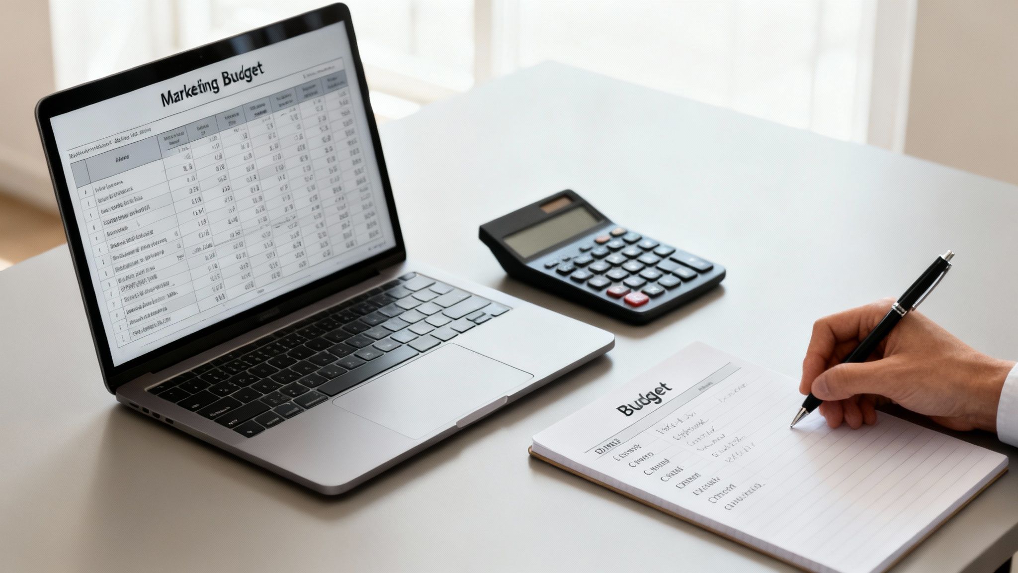 A calculator and some coins on a desk, representing the budget for a marketing agency for a small business.