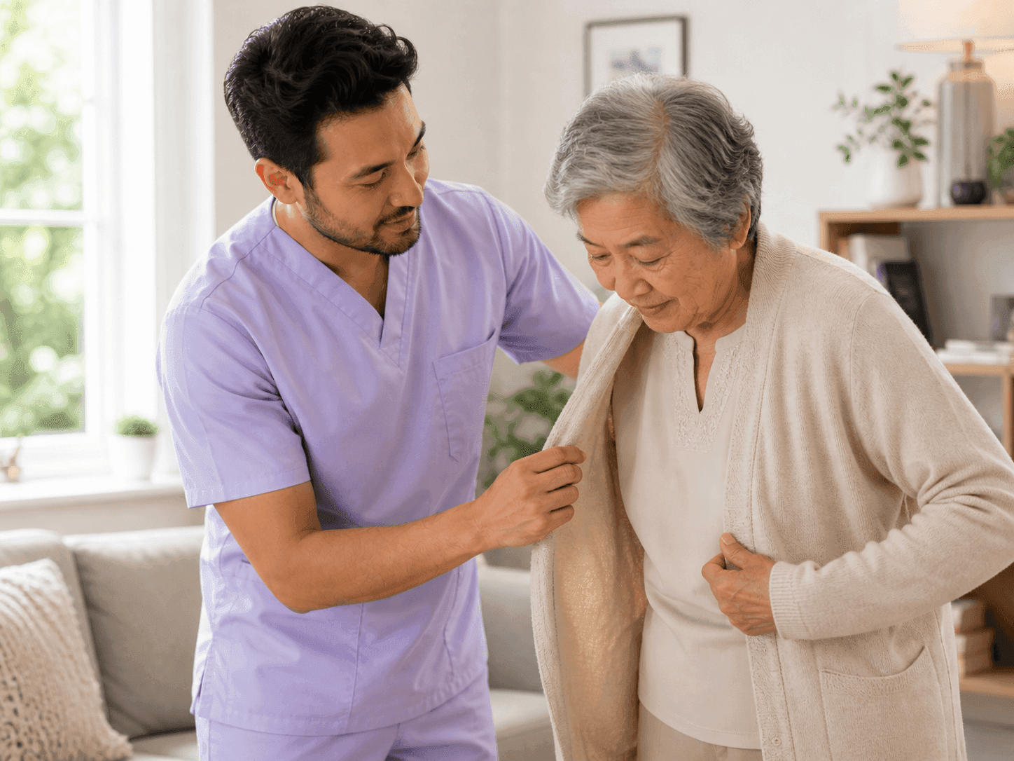 Caregiver supporting elderly clients in a warm and welcoming home environment
