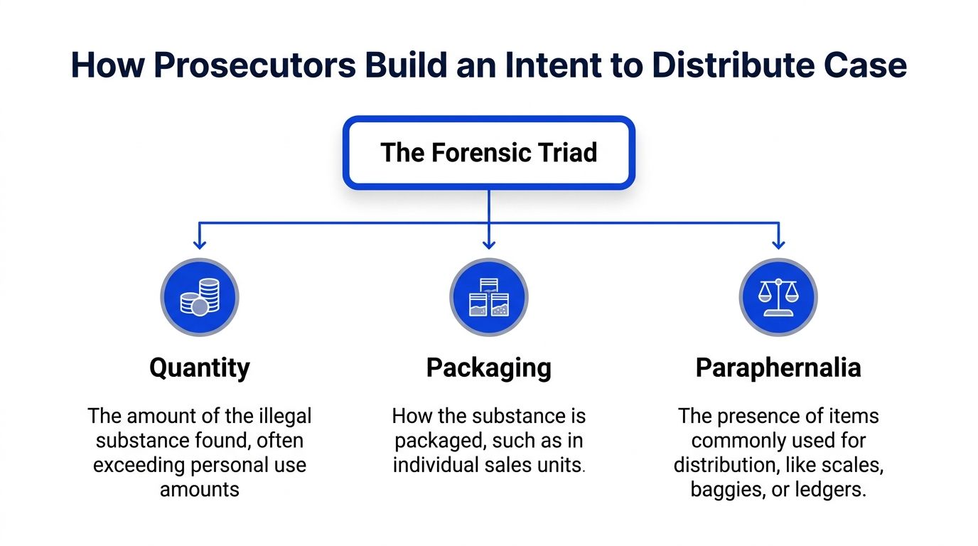 A diagram illustrating the three components of the forensic triad used by prosecutors to prove intent to distribute.