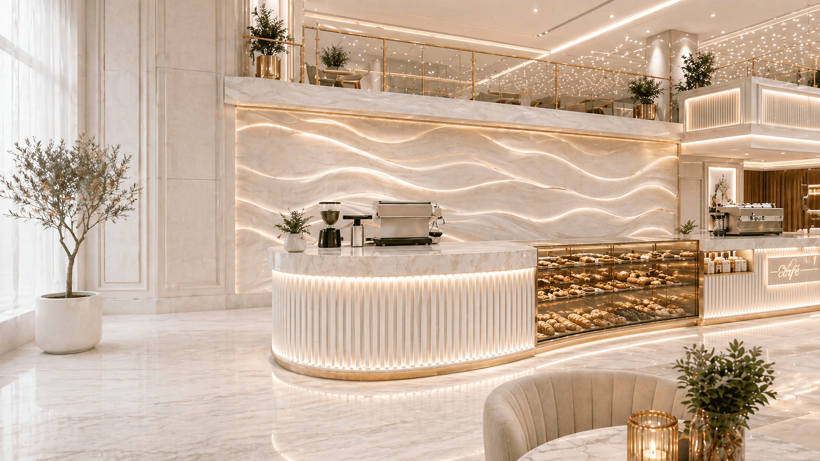 People at a cafe are served at the counter.