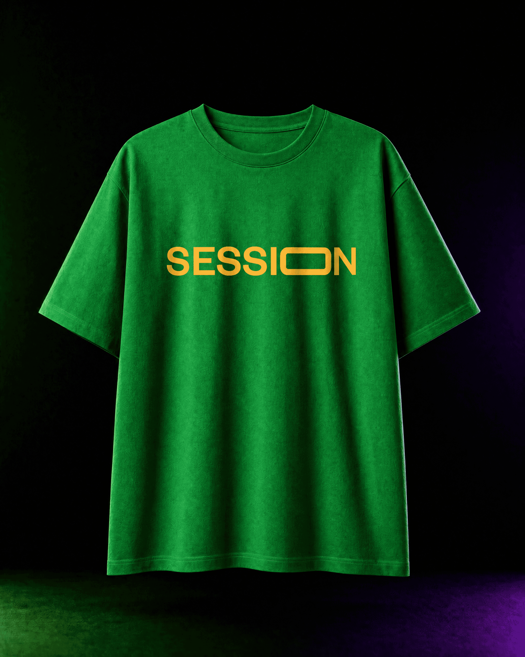 Front of a green Session Zone T-shirt with yellow SESSION lettering across the chest.