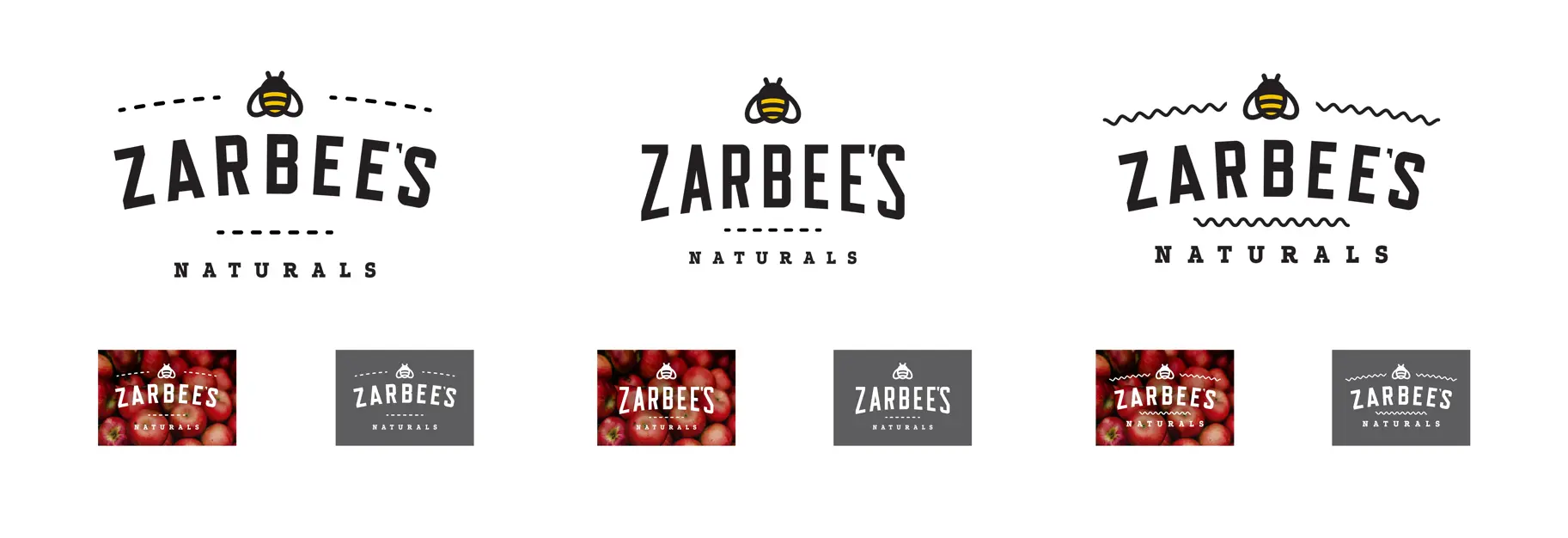 Three Zarbee's Naturals logo lockups with the refined Buzzy bee icon — exploring different typographic treatments with dashed flight paths and wavy line decorations, each shown at full size and in small-scale application mockups on photography and dark backgrounds.
