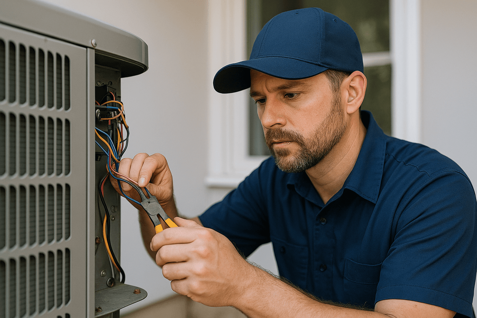 Technician repairing HVAC system with pliers, focused on electrical wiring, emphasizing expertise and commitment to quality service.