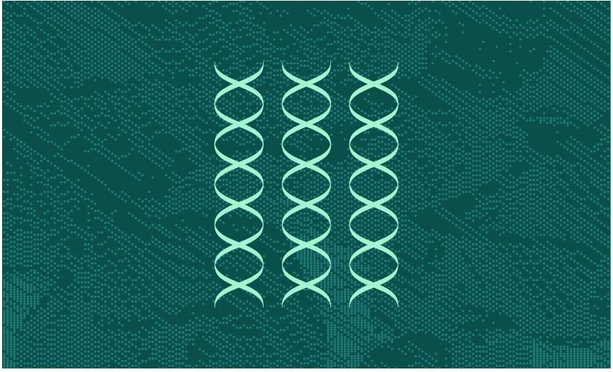 Three vertical double-helix shapes arranged side-by-side on a green grid-like textured background.