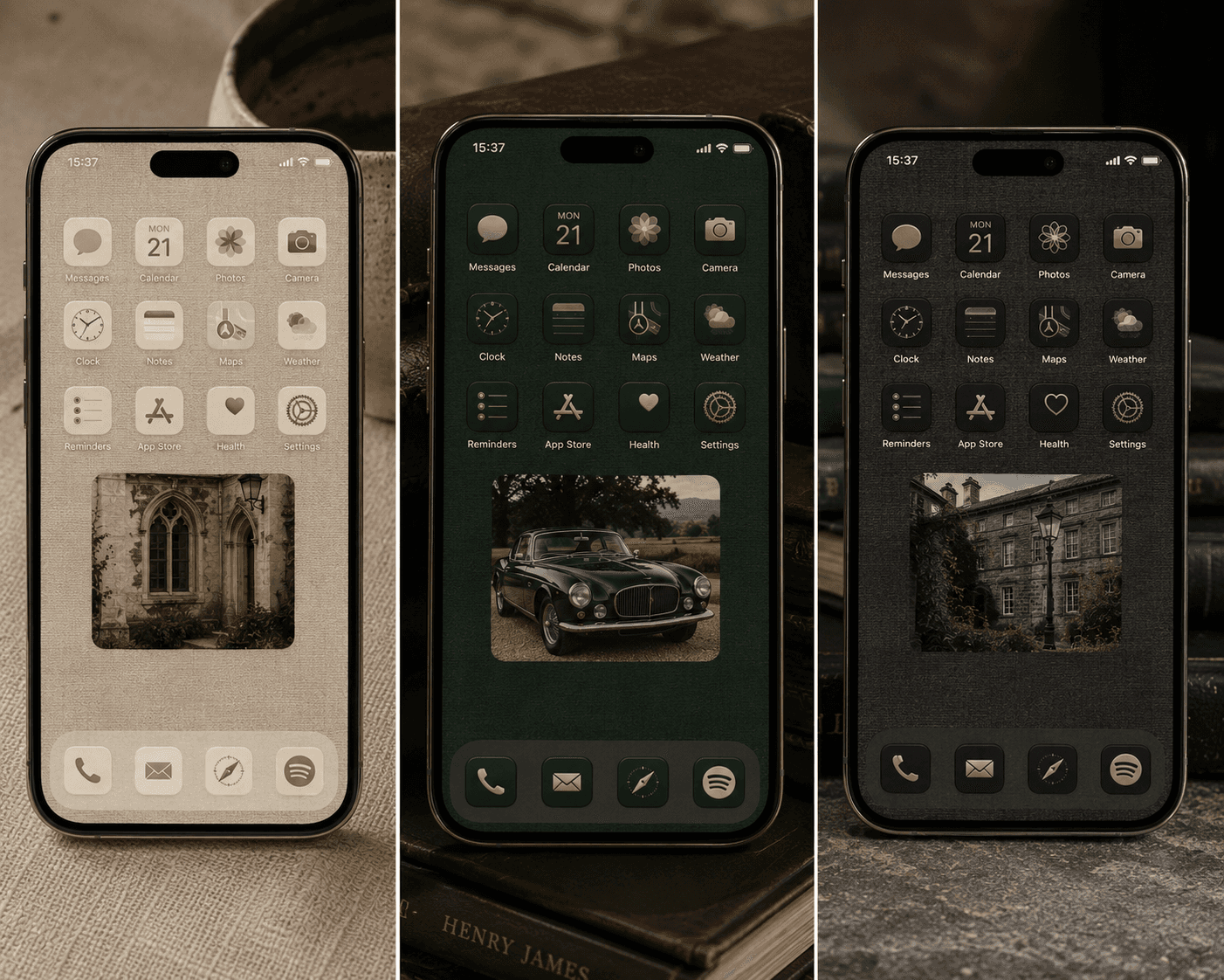 A three-panel collage displaying a smartphone with custom aesthetic home screen themes in three colorways. The left panel shows a light beige textured linen wallpaper theme with cream-toned app icons and a photo widget of a gothic stone building. The middle panel features a forest green textured wallpaper theme with gold-accented app icons and a photo widget of a vintage classic sports car. The right panel displays a dark charcoal textured wallpaper theme with muted metallic app icons and a photo widget of a historic European stone estate.