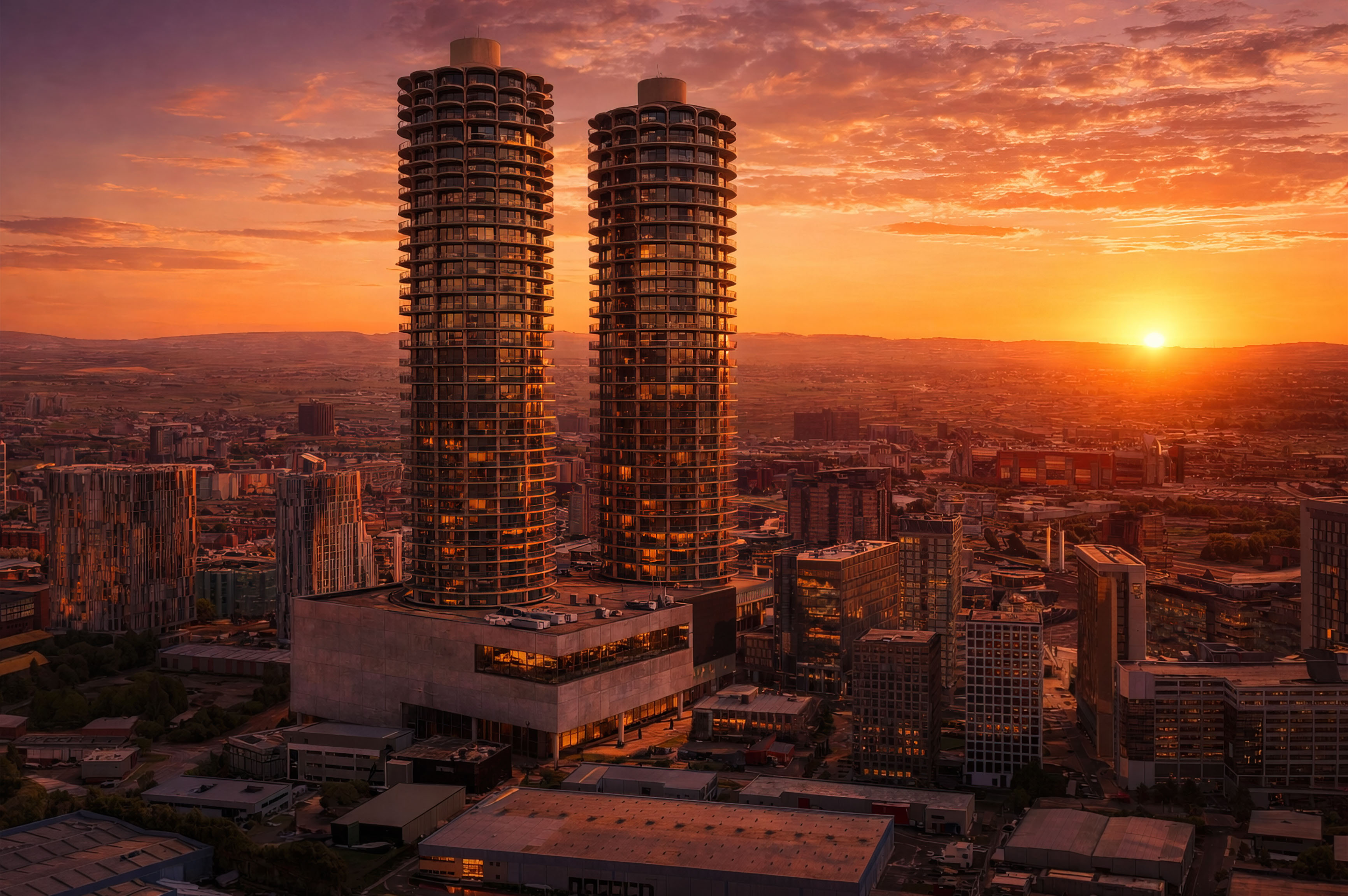 Photorealistic sunset CGI created by Pixelspaces of twin high-rise residential towers in MediaCity Manchester, showcasing architectural visualisation, urban skyline, and warm golden hour lighting