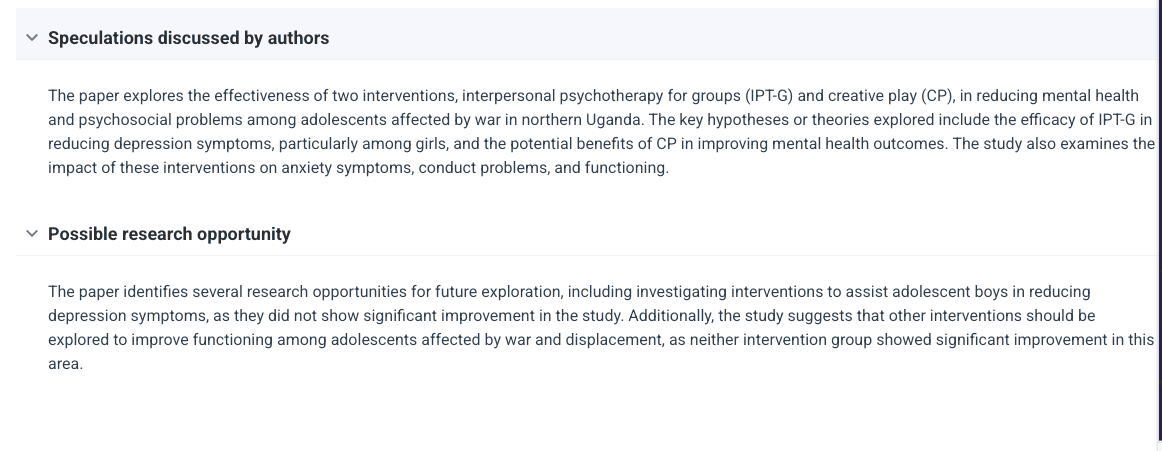 Screenshot of Enago Read showing author speculations and identified research opportunities related to adolescent psychotherapy in Uganda.