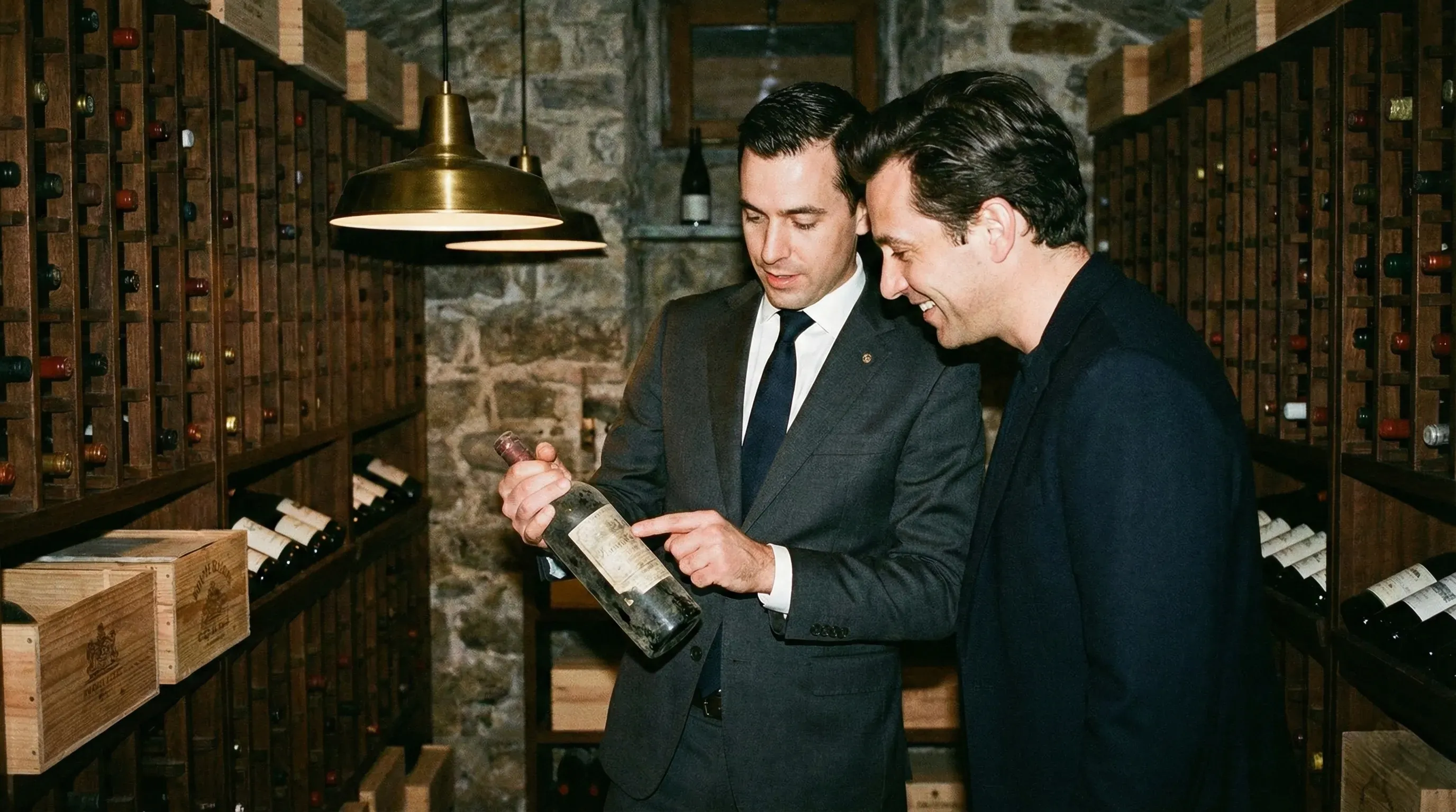 Two men in suits stand in a wine cellar. One holds a wine bottle, explaining it to the other. Wooden shelves filled with wine bottles line the stone walls, creating an elegant ambiance.