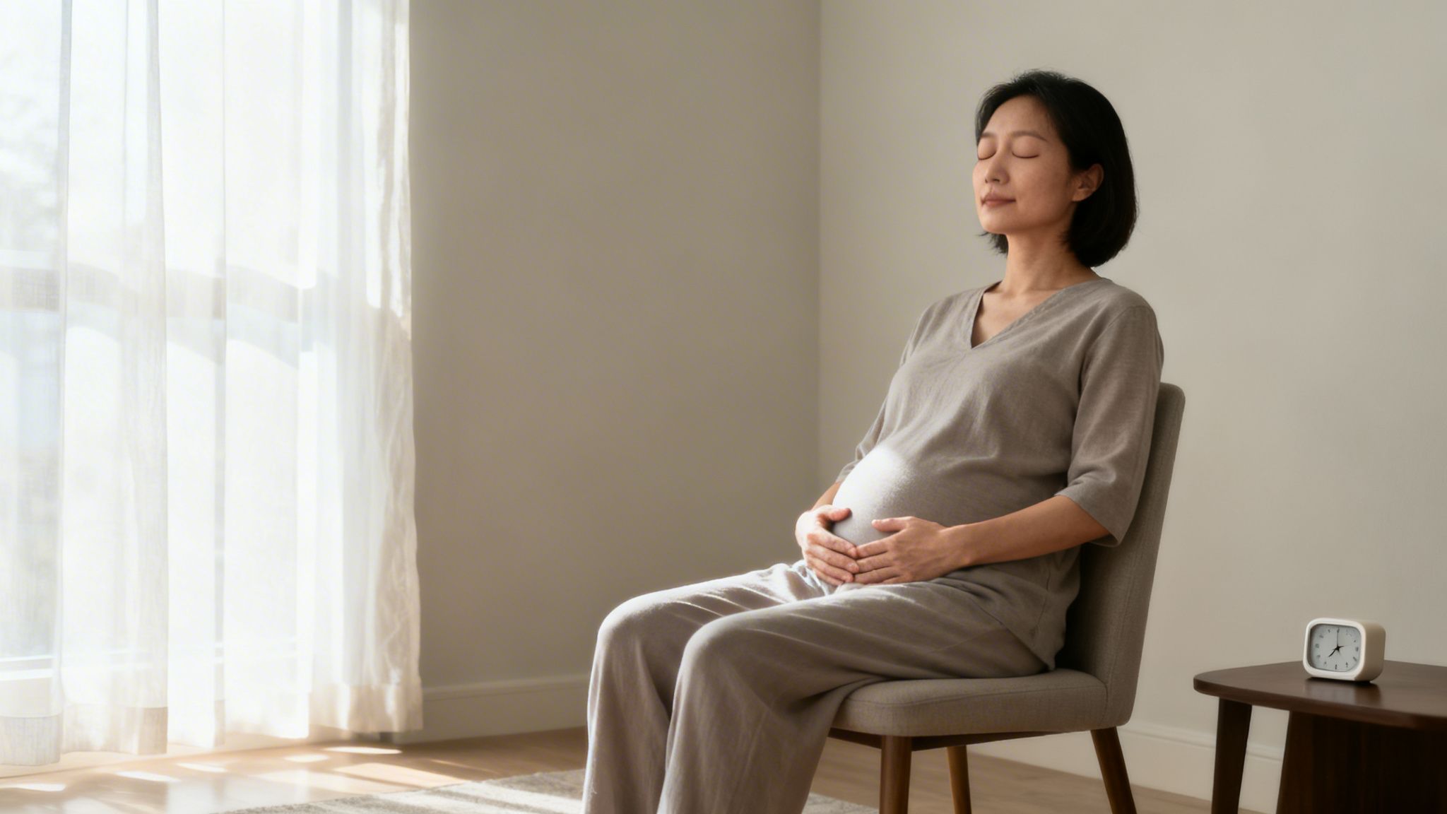 Pregnant Asian woman sitting in a chair with eyes closed, hands on her belly.