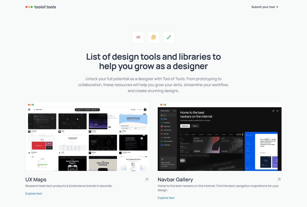 Minimalist hero section with a clear focus on design tools directory. Three-icon navigation adds visual interest. Strong value proposition in headline and subtext targets designers' growth needs. Preview images effectively showcase the tool's capabilities.