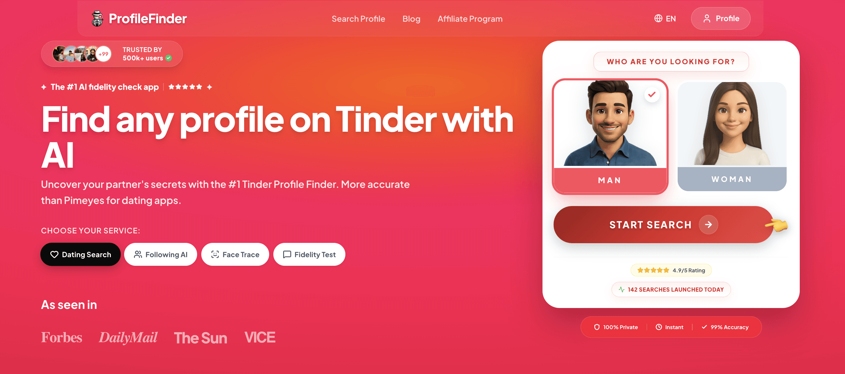 Profilefinder landing page